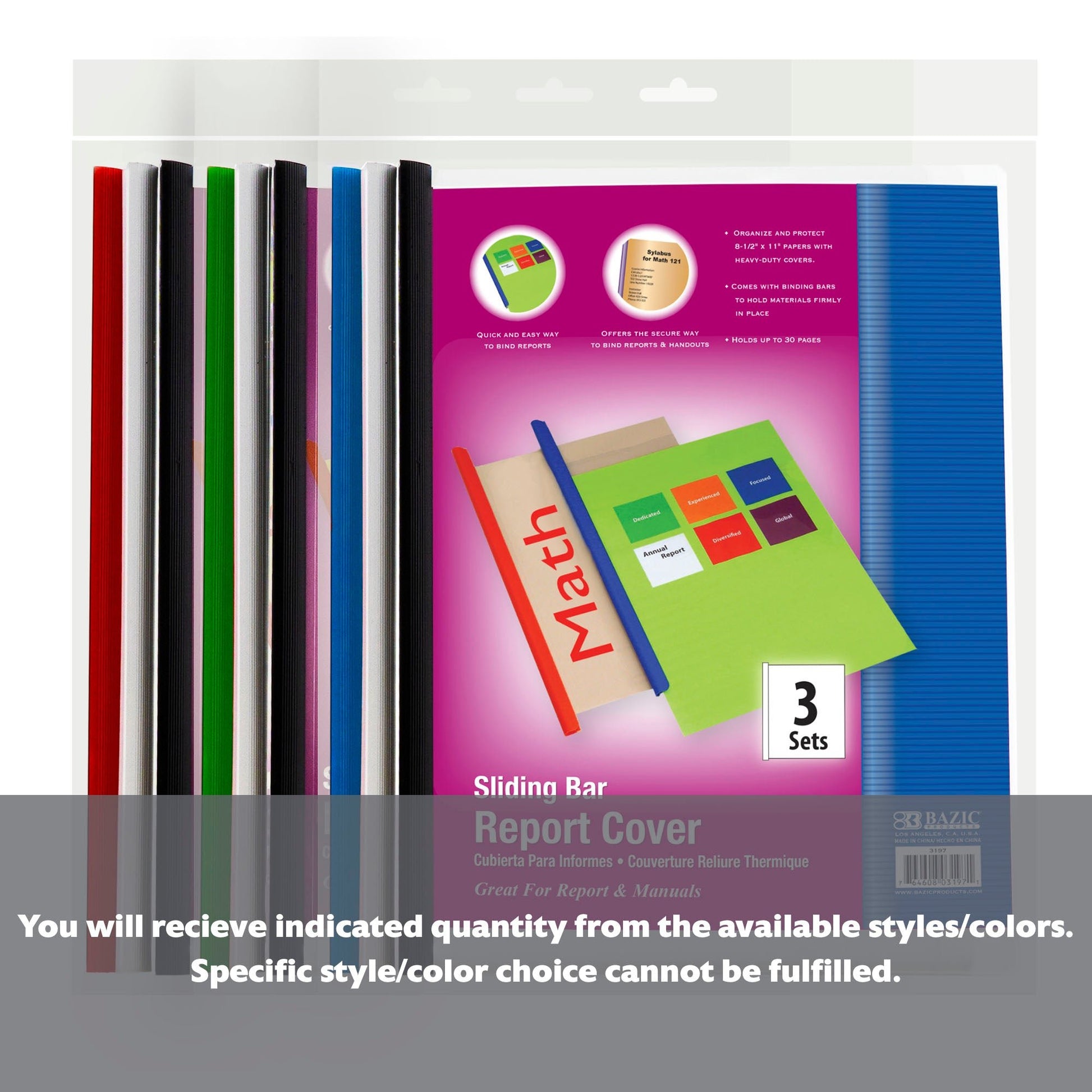 Clear Front Report Covers w/ Sliding Bar (3/Pack)