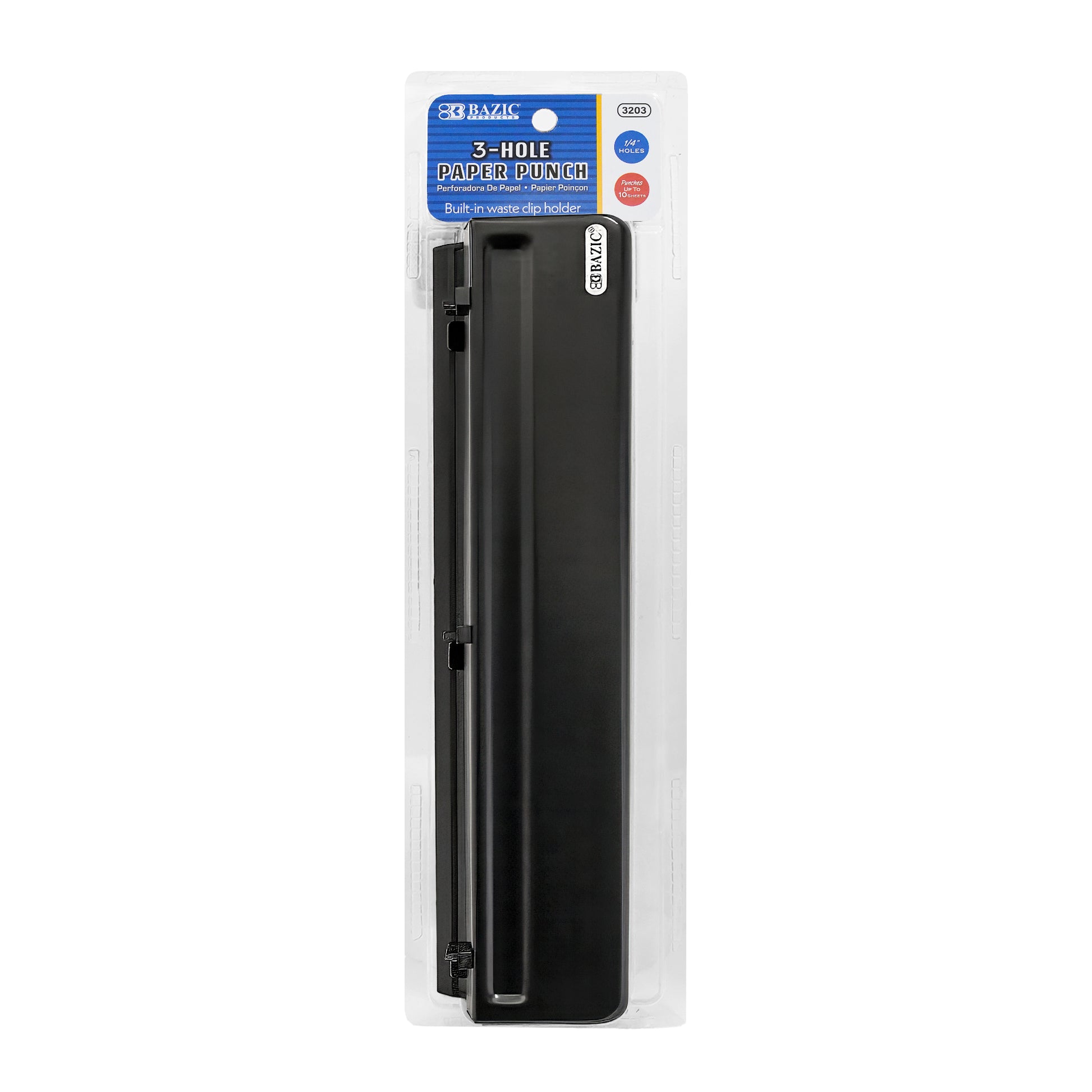 BAZIC desktop 3-hole paper punch with metal construction and ergonomic handle for easy hole punching.
