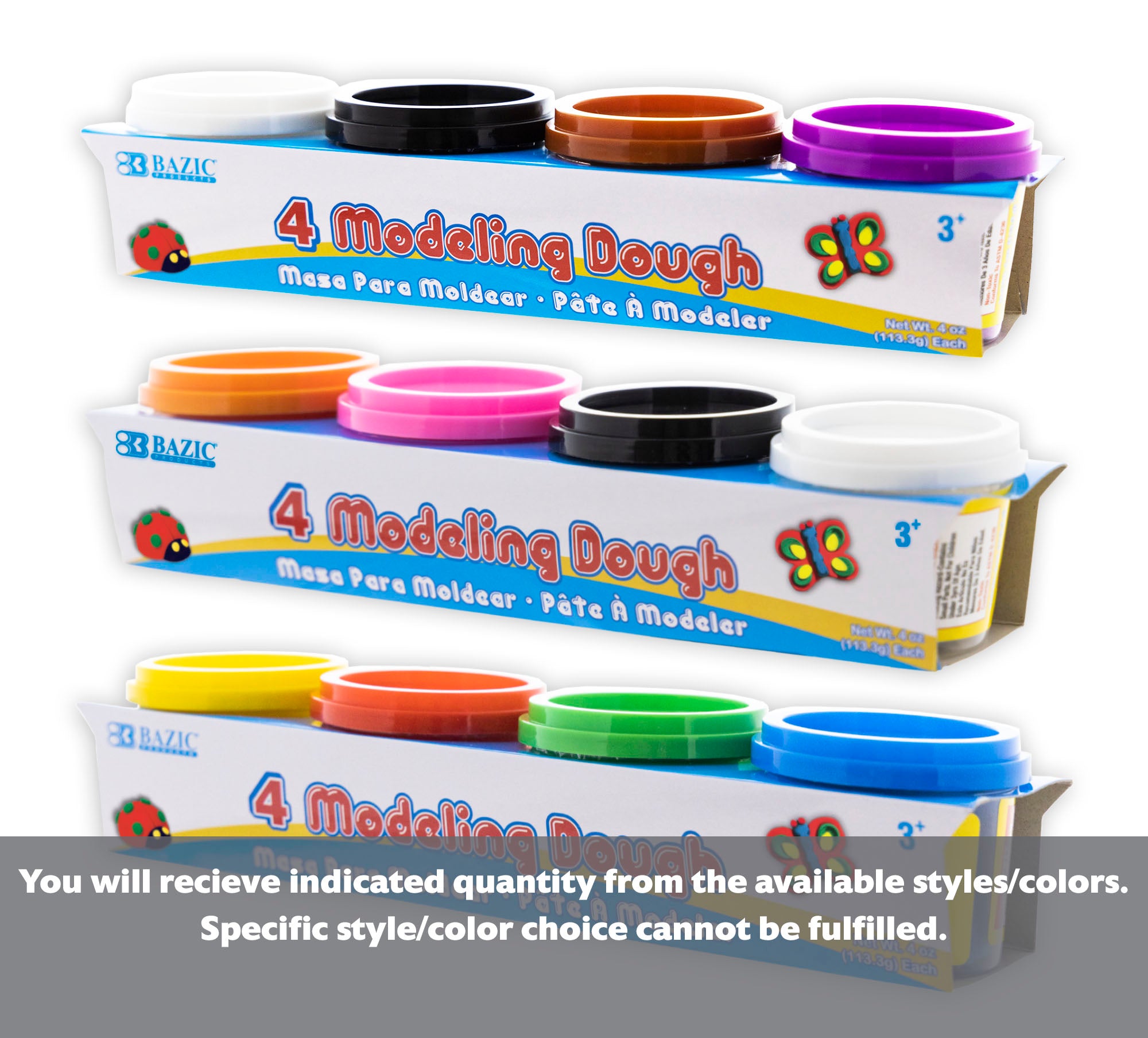 Set of four 4 oz BZBox Primary Color Modeling Dough BYOB packs, soft and vibrant for creative craft projects.