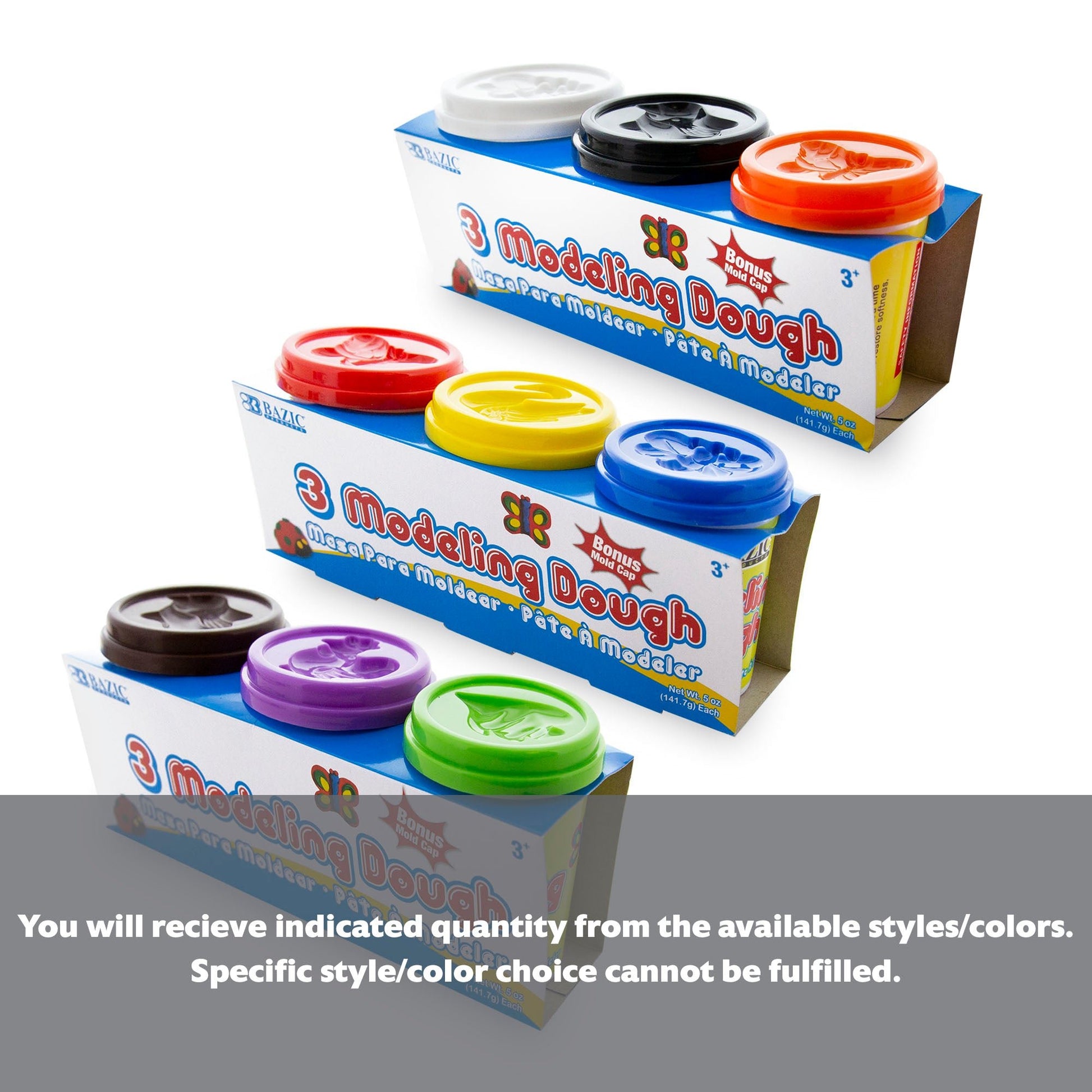 Three packs of 5 oz. multi-color BYOB modeling dough from Bazicstore, soft and pliable for creative arts and crafts.