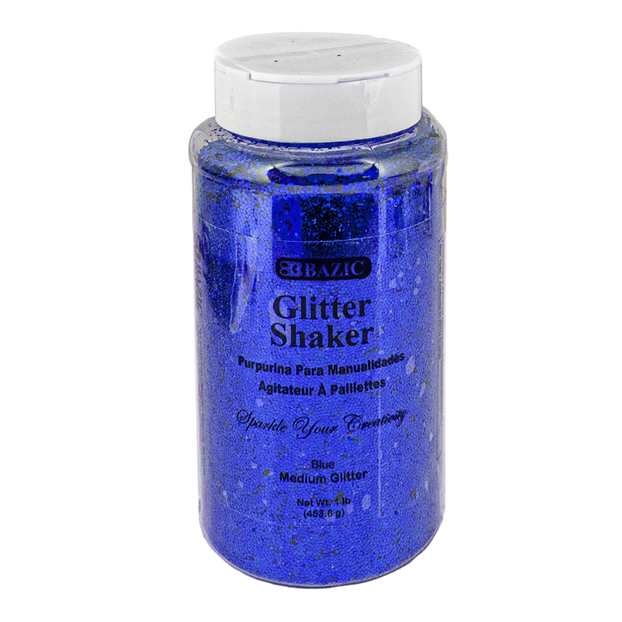 Blue glitter in a 1lb (16 oz) BYOB container from BAZIC, showcasing vibrant, sparkling blue glitter particles.