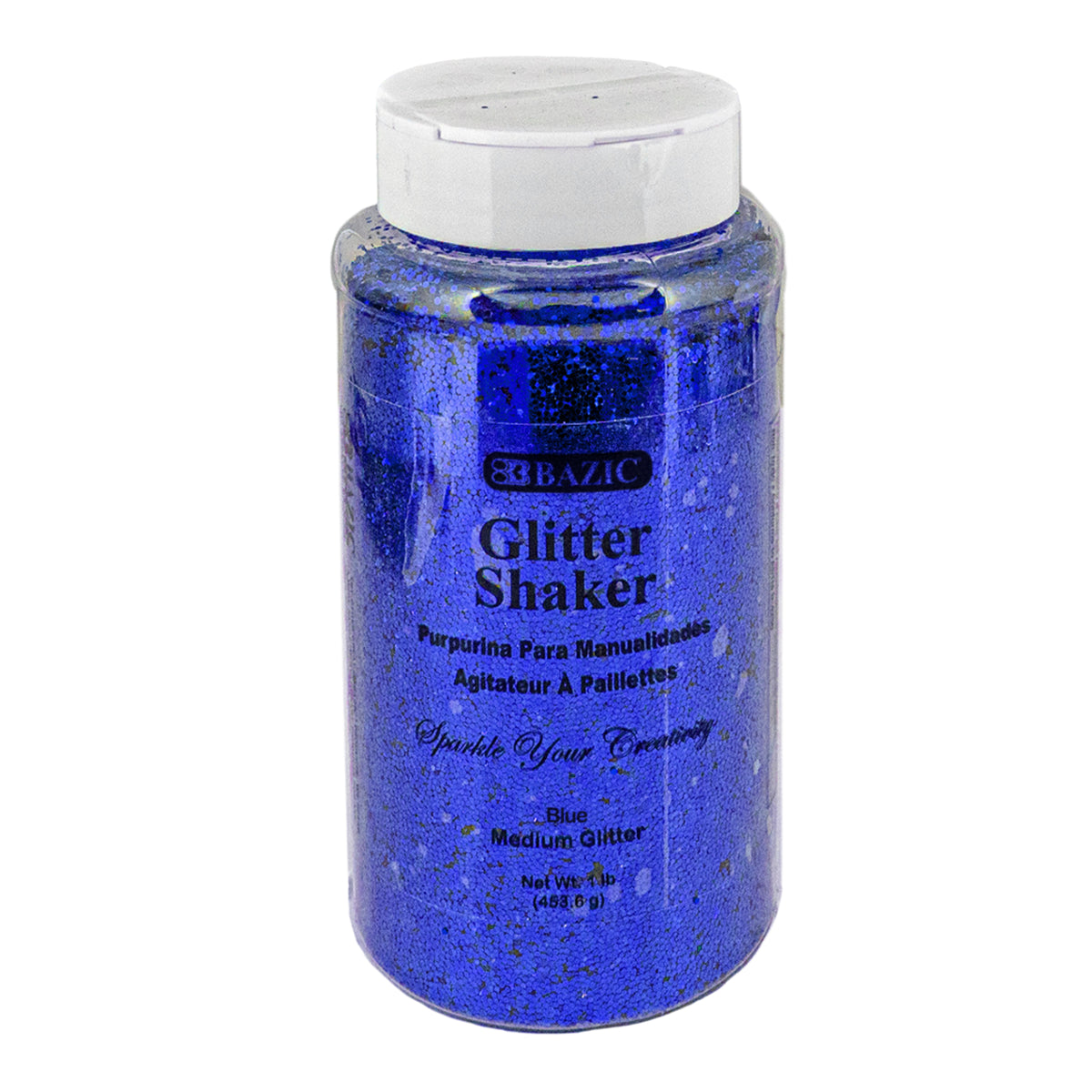 Blue glitter in a 1lb (16 oz) BYOB container from BAZIC, showcasing vibrant, sparkling blue glitter particles.