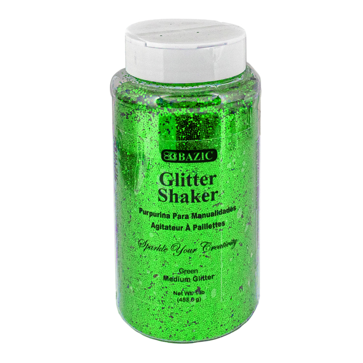 Green glitter in a 1lb BAZIC BYOB container, showing vibrant, sparkly green particles on a white background.