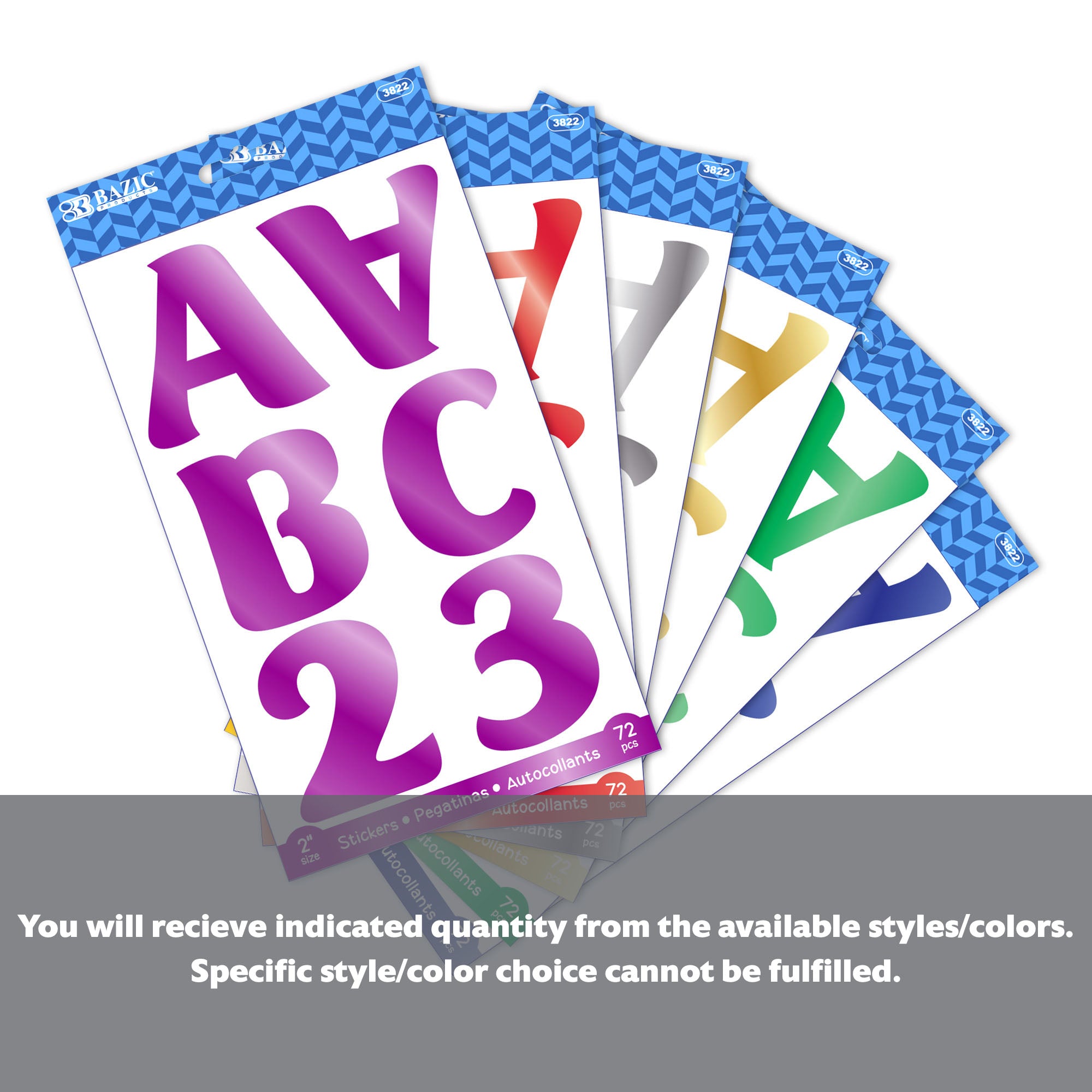 2" Metallic Color Alphabet & Numbers Stickers (72/Pack)