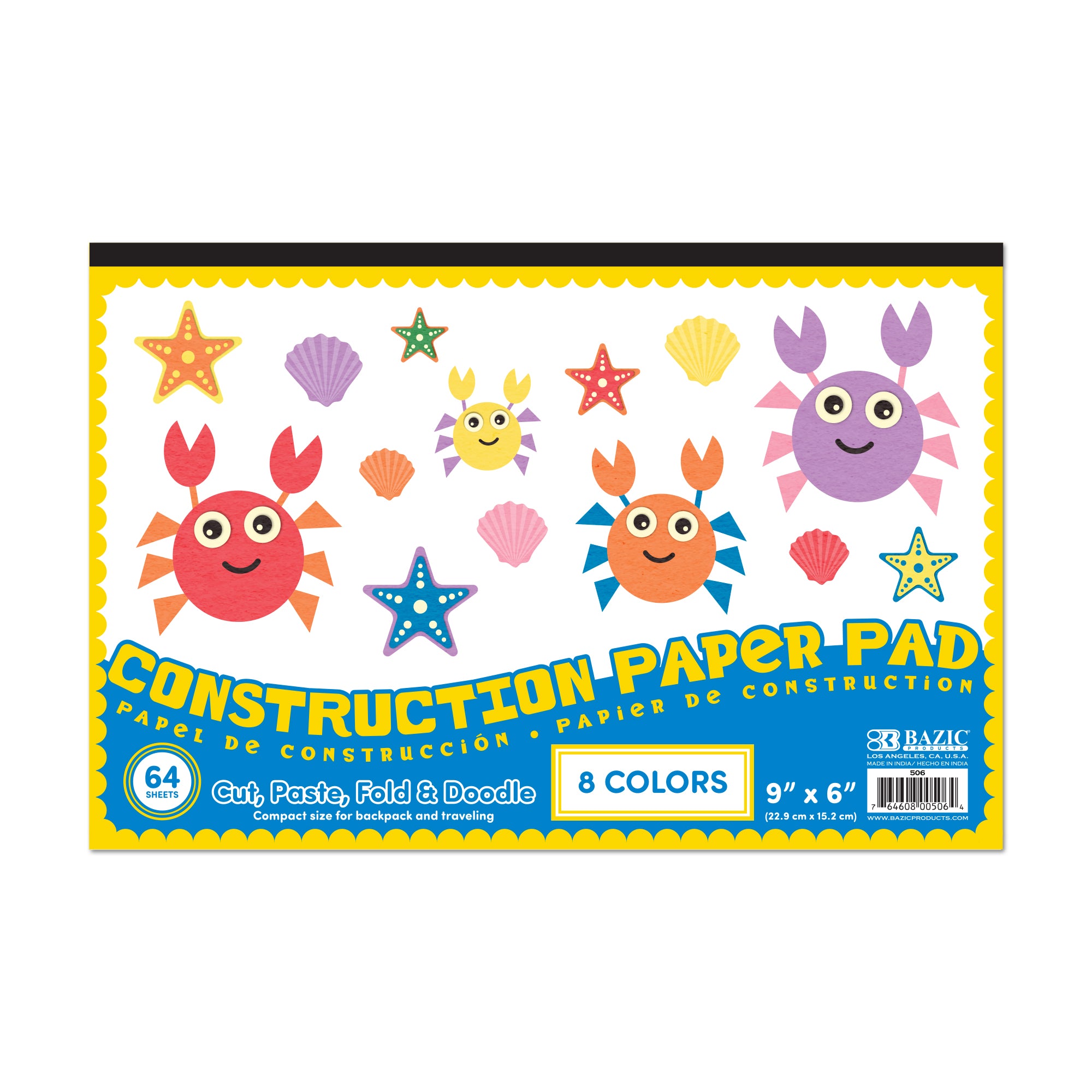 BAZIC 64-count mini construction paper pad with 6x9 inch sheets, ideal for arts and crafts projects and creative activities.