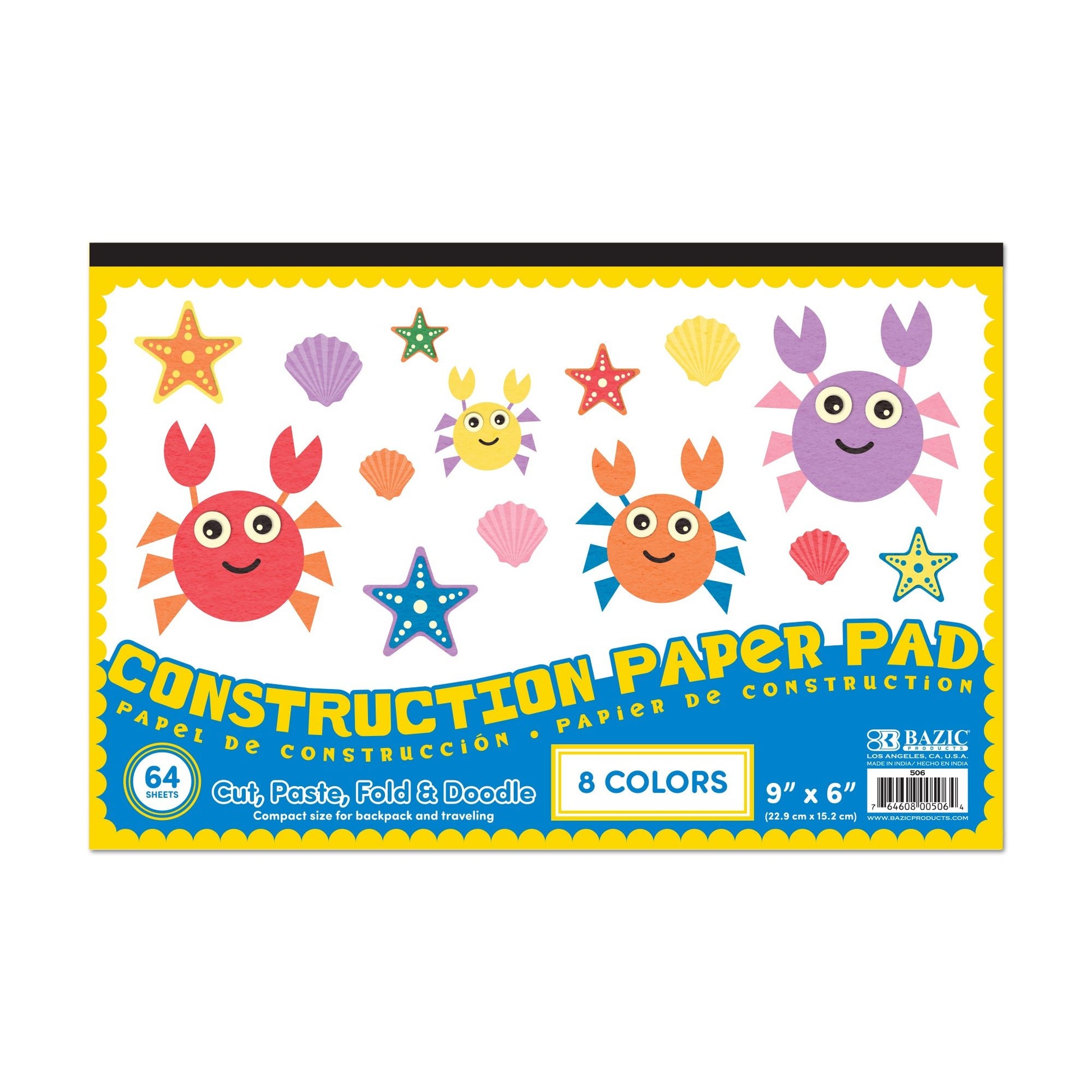 BAZIC 64-count mini construction paper pad with 6x9 inch sheets, ideal for arts and crafts projects and creative activities.