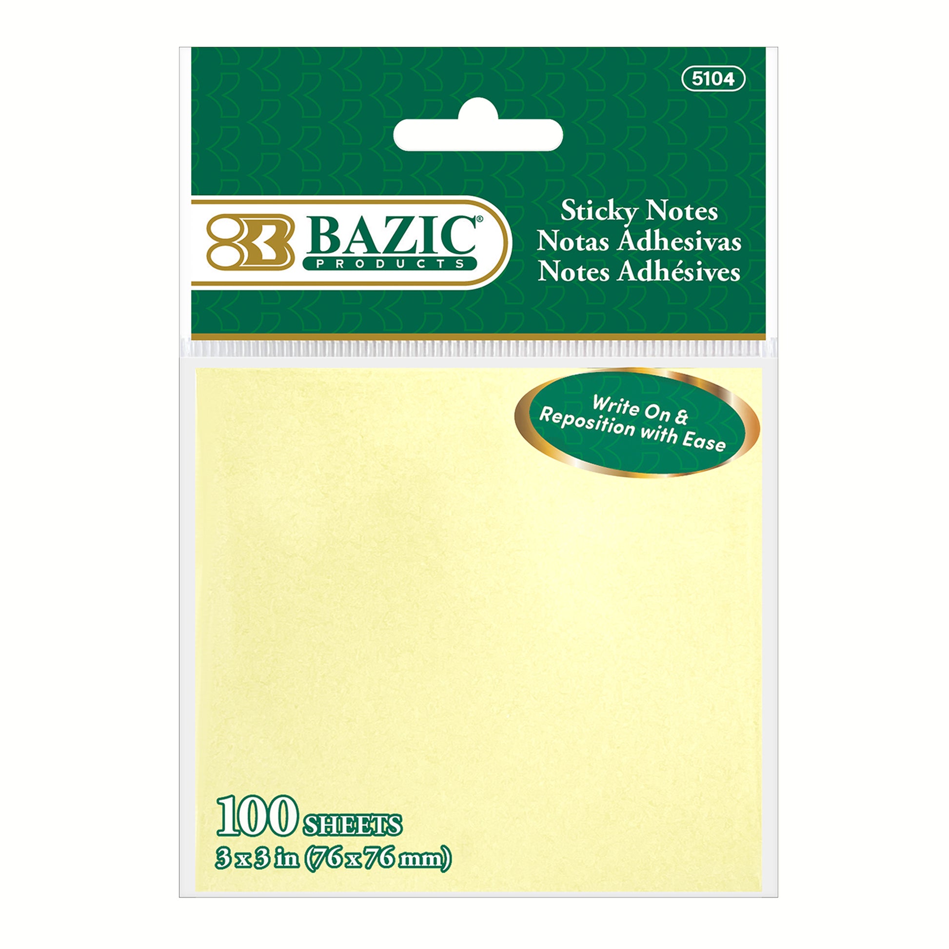 Yellow BYOB sticky notes by BAZIC, 3x3 inch size, stacked with some notes peeled slightly from the pad