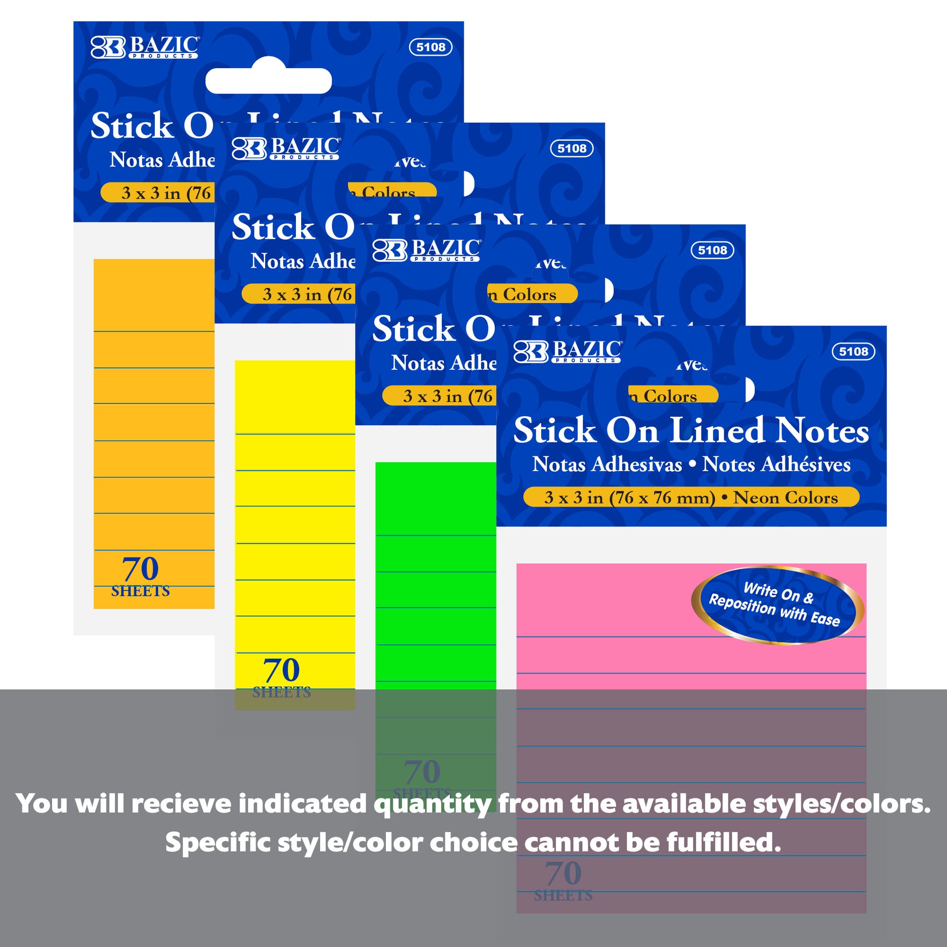 70 Ct. 3" X 3" Neon Lined Sticky Notes