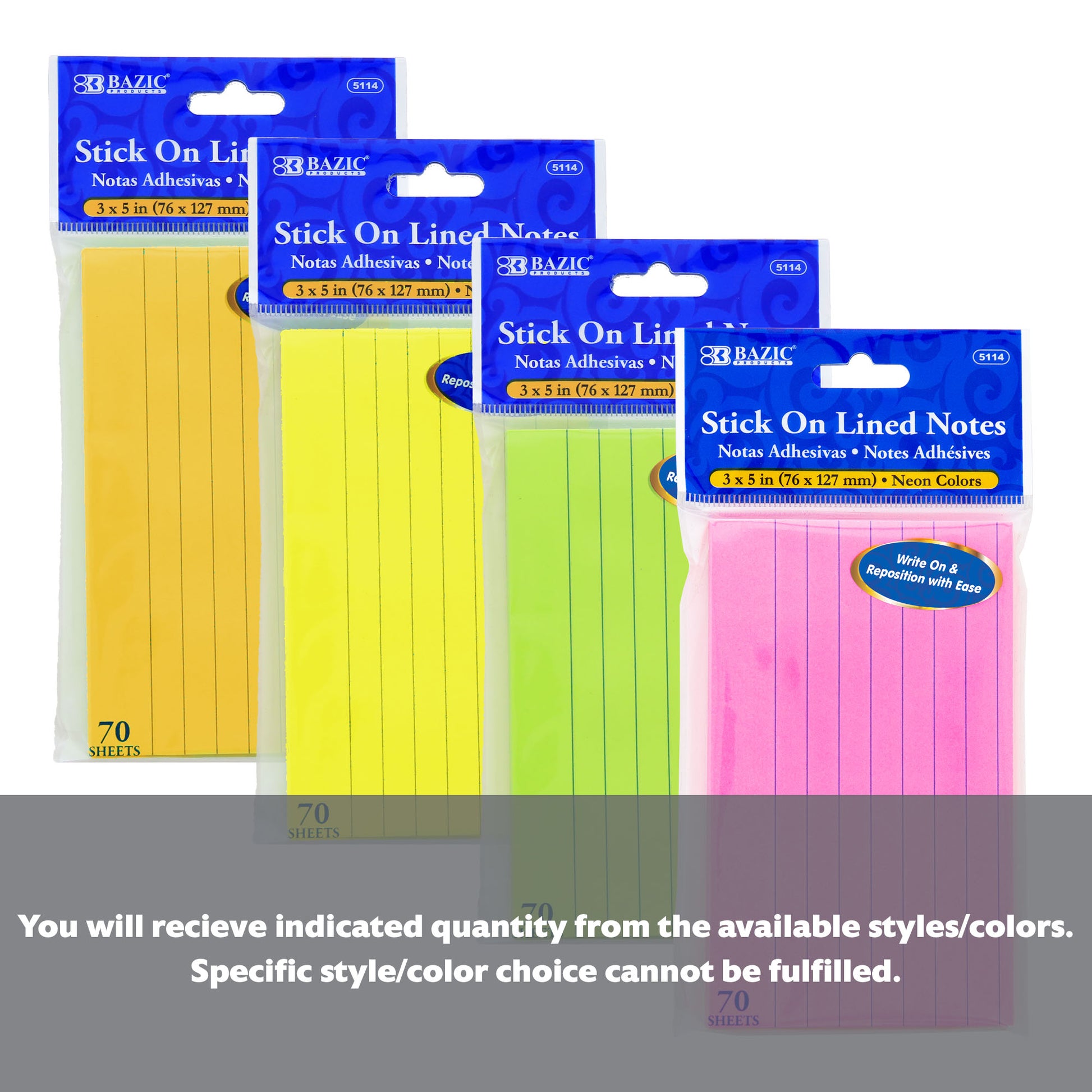 70 Ct. 3" X 5" Neon Lined Sticky Notes