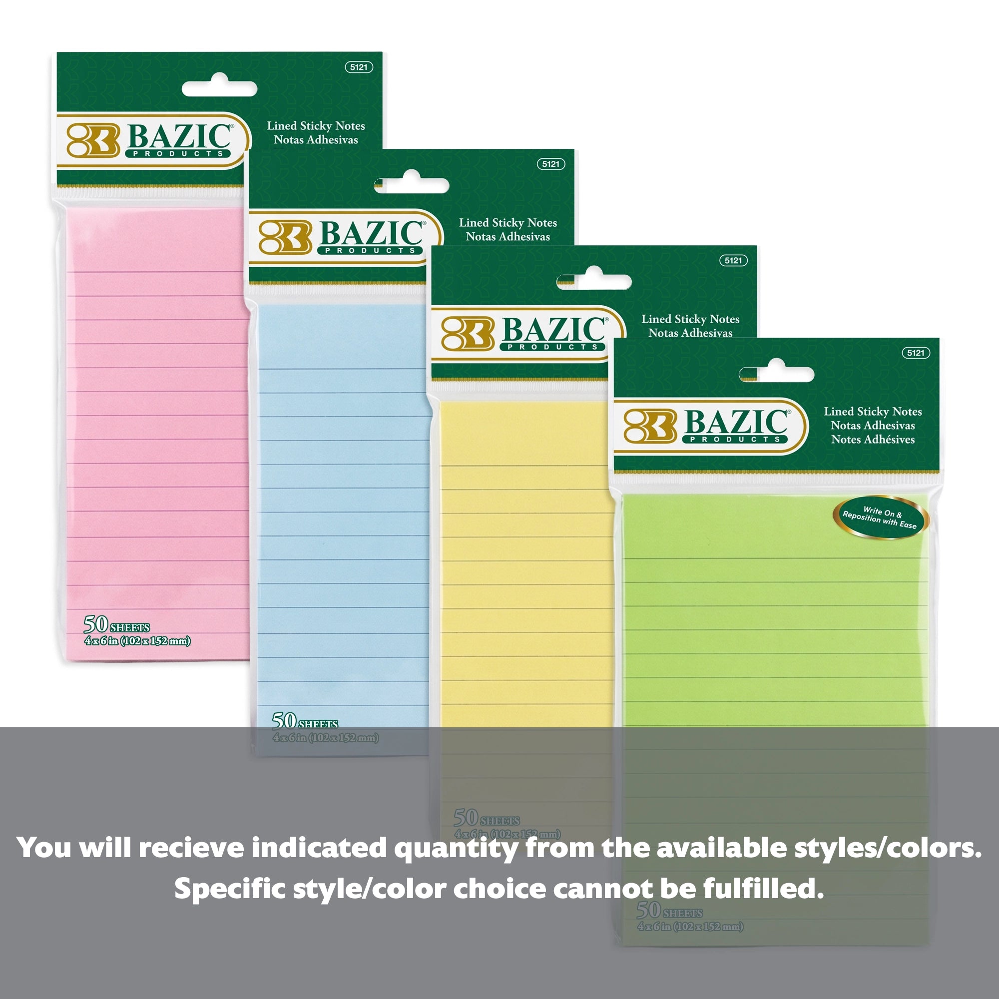 BAZIC BYOB 50 pack of 4x6 lined sticky notes for writing and organization, featuring a vibrant, colorful design.