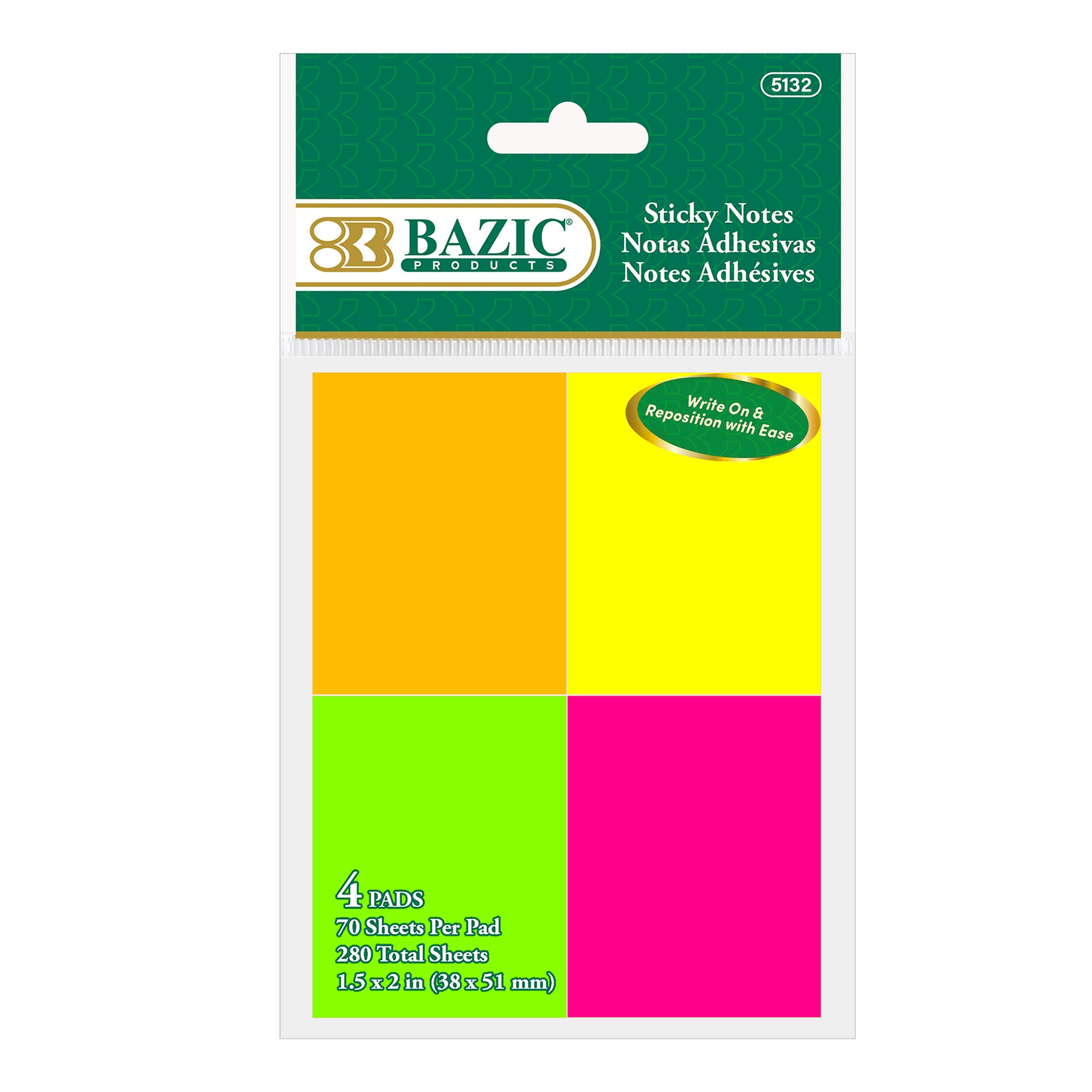 70 Ct. 1.5" X 2" Neon Sticky Notes (4/Pack)