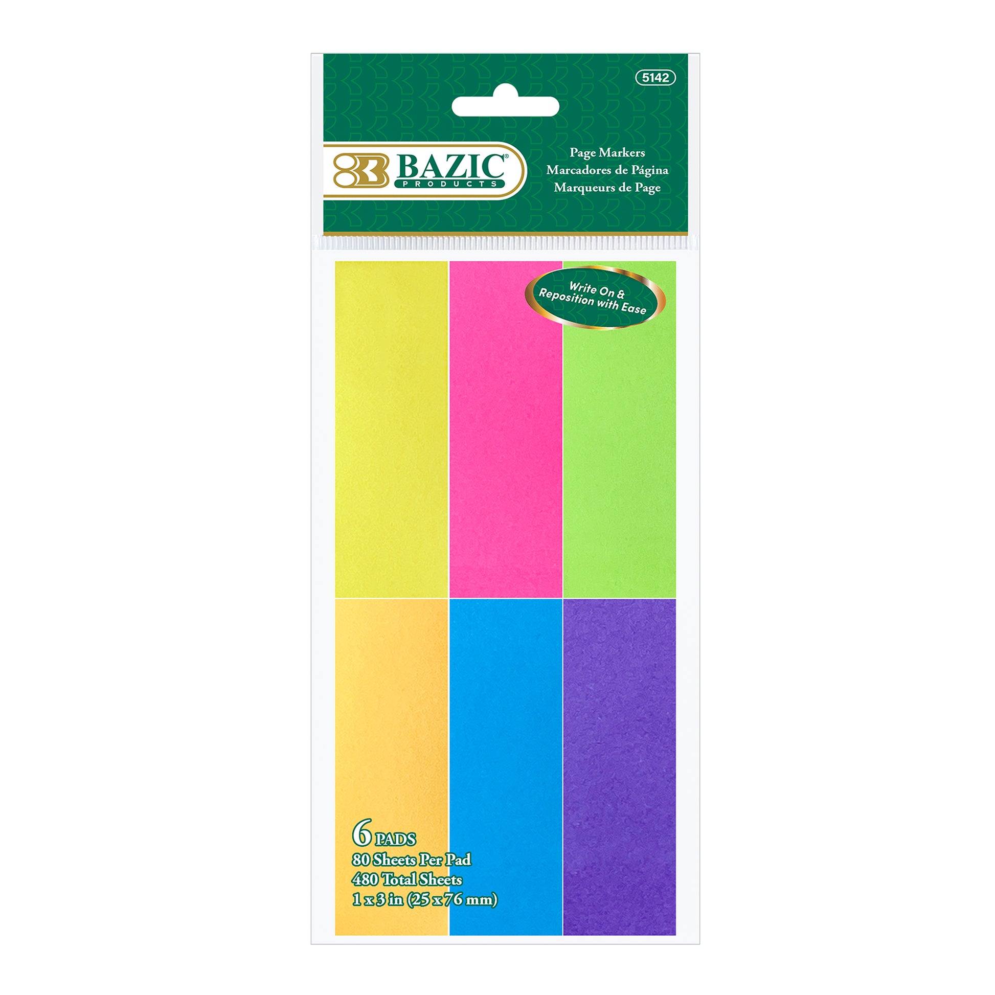 Set of 80 neon page markers, 1"x3", by BAZIC, in a 6-pack, bright and colorful for easy page marking and highlighting.