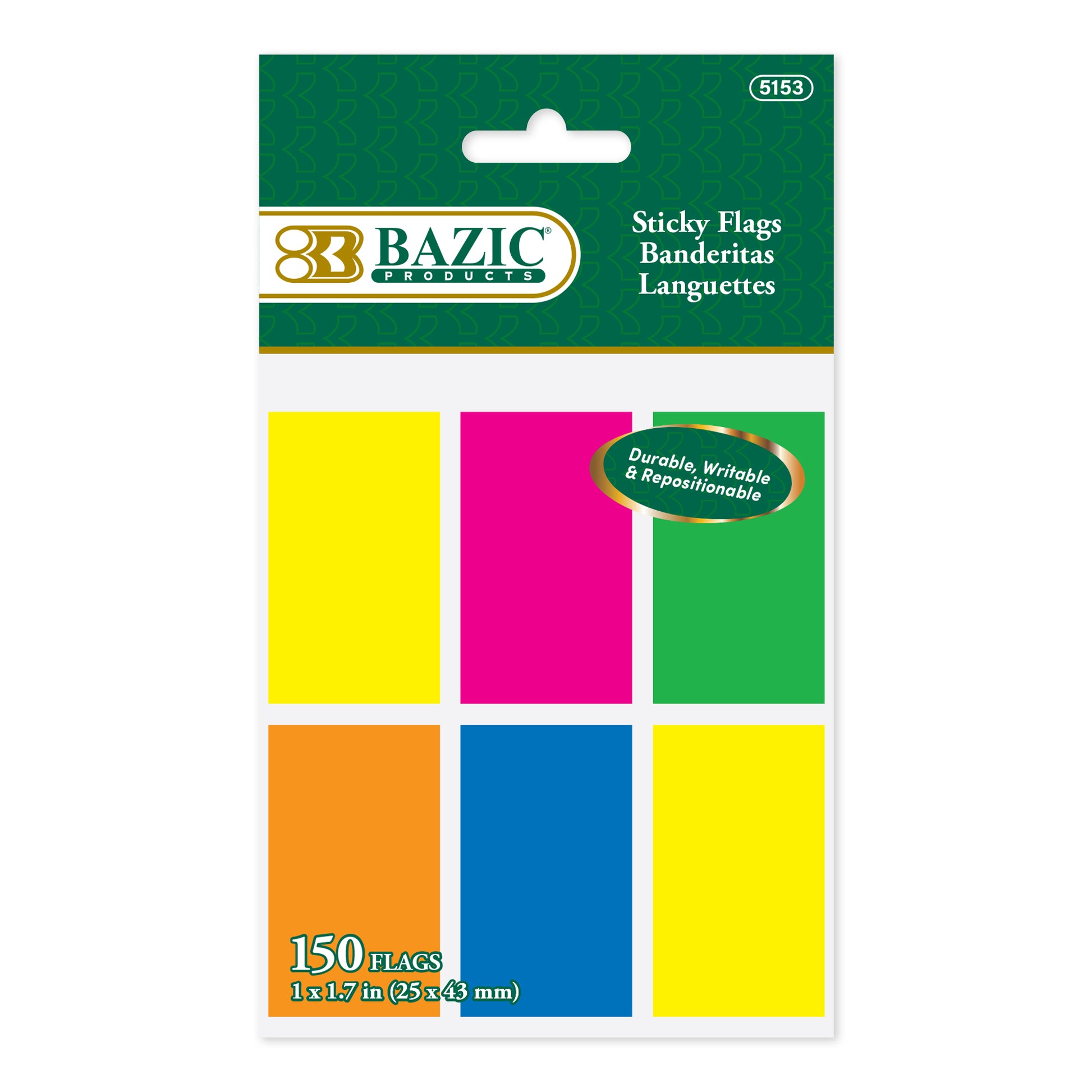 Set of 25 neon color standard flags from Bazicstore, 1"x1.7" size, ideal for marking or organizing in office or classroom settings.