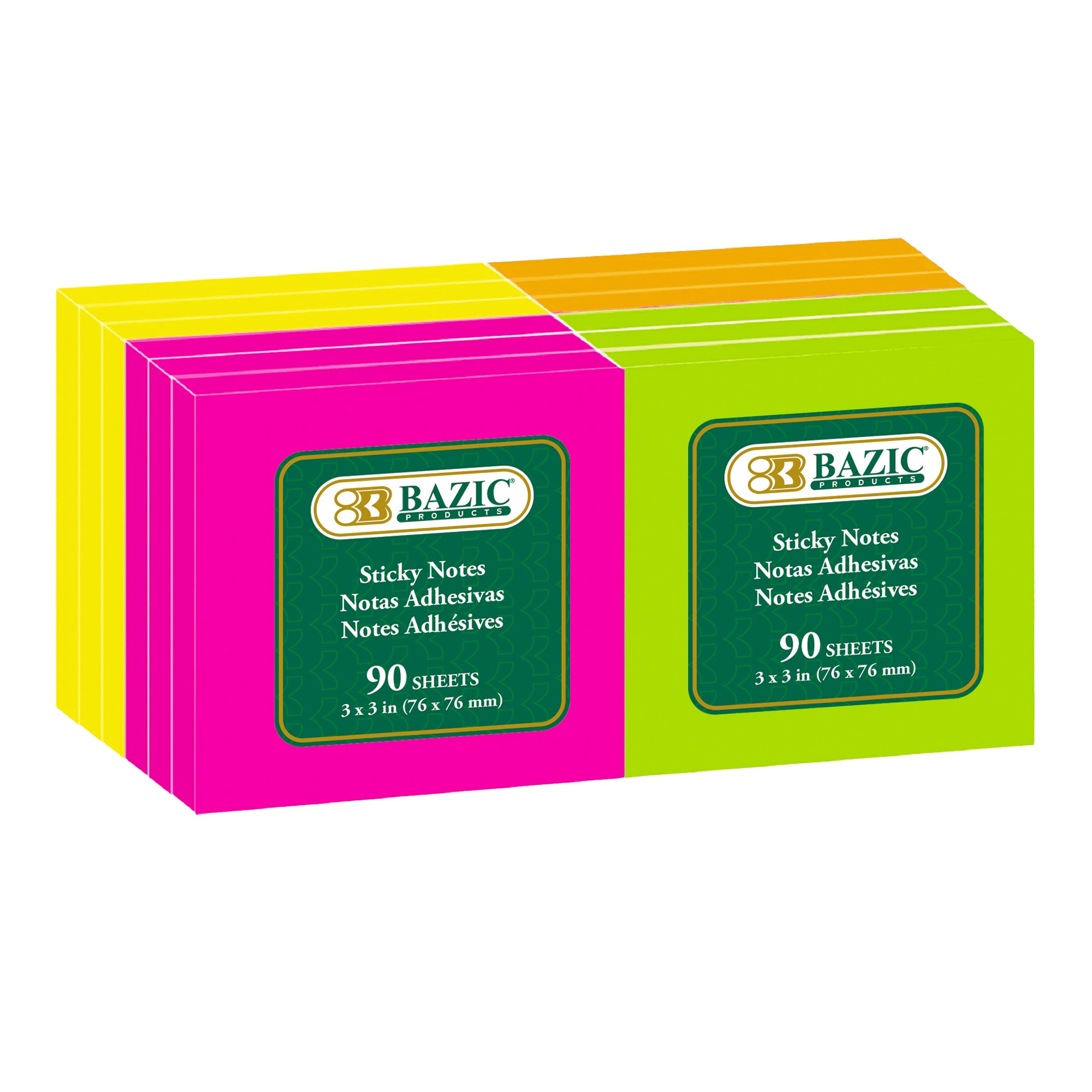 Set of 90 neon sticky notes in 3x3 inches, bright colors, by Bazicstore, shown in a stack with notes on a surface.