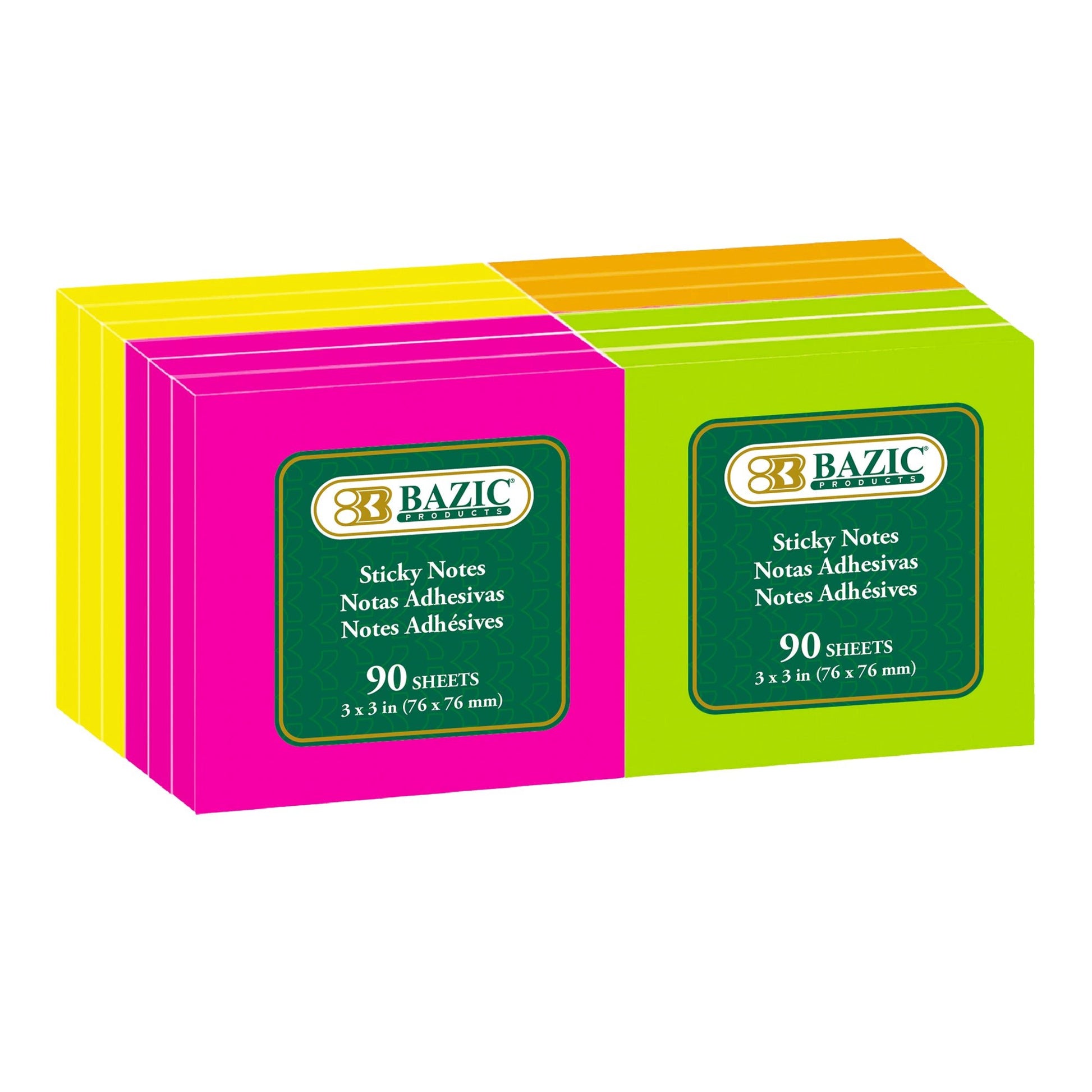 Set of 90 neon sticky notes in 3x3 inches, bright colors, by Bazicstore, shown in a stack with notes on a surface.