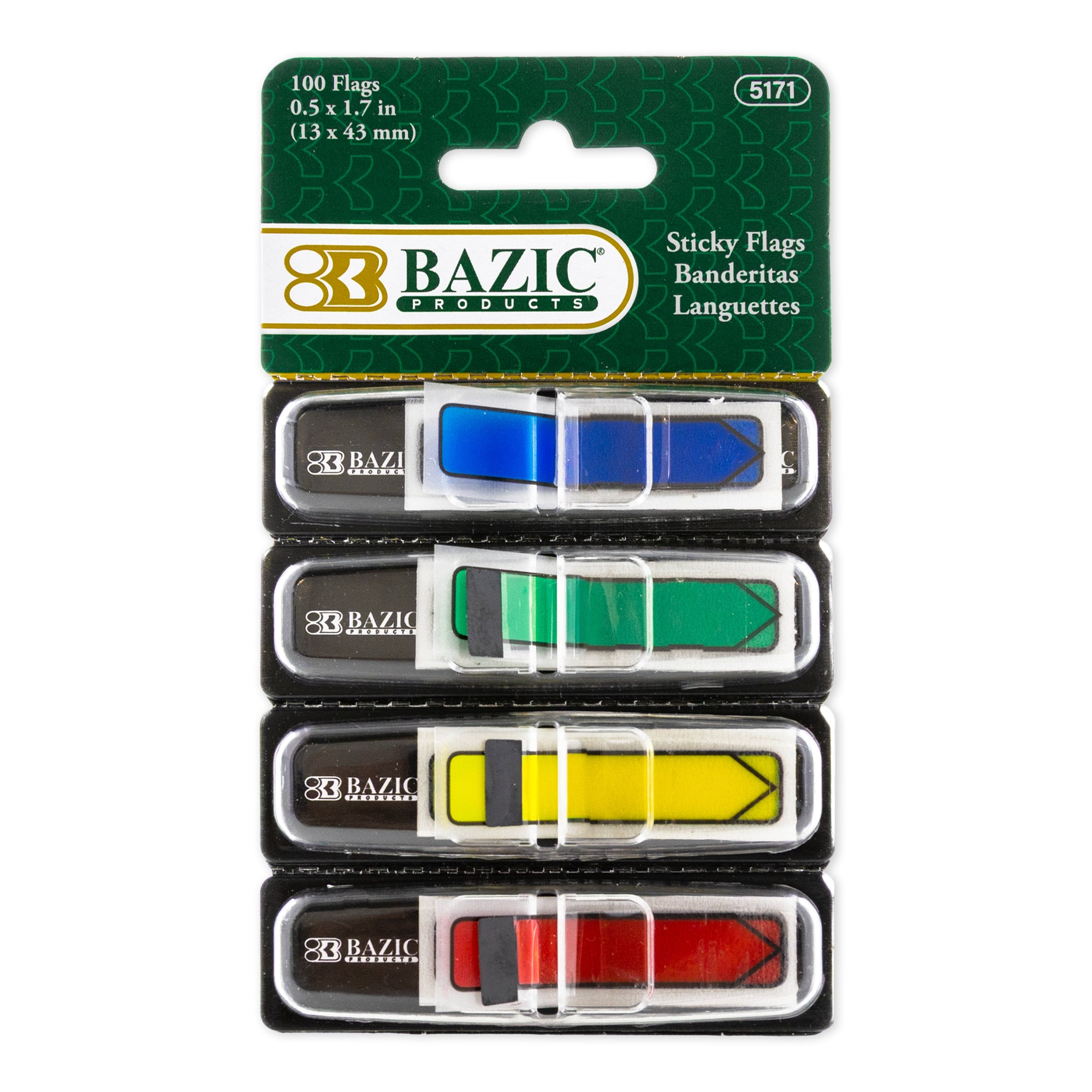 BAZIC 25-pack neon color printed arrow flags with dispenser, 0.5" x 1.7", ideal for marking and organizing in office or classroom.