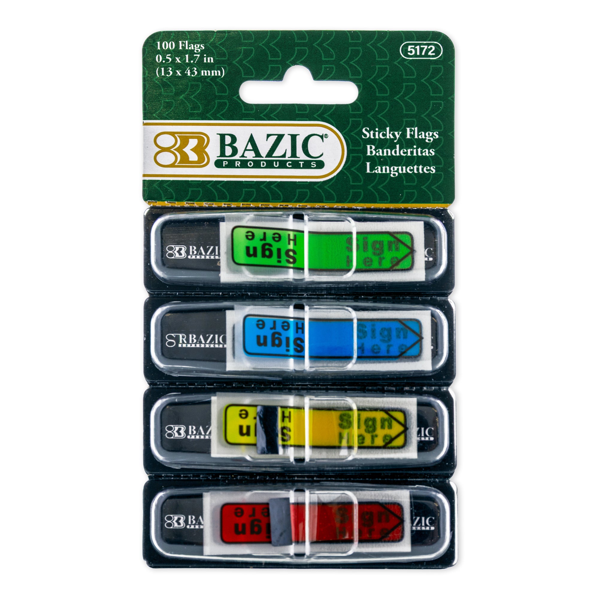 Set of four BAZIC neon color printed "Sign Here" flags with dispenser, 0.5 x 1.7 inches, for marking or labeling tasks.
