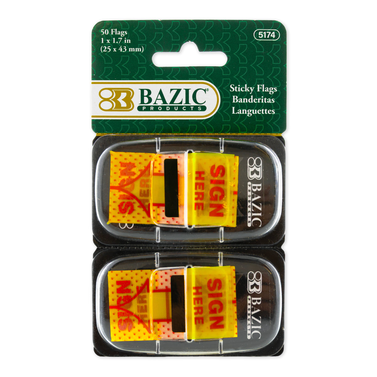 BAZIC BYOB yellow printed "Sign Here" flags, 1" x 1.7", with dispenser, 25 count, for marking documents or surfaces.