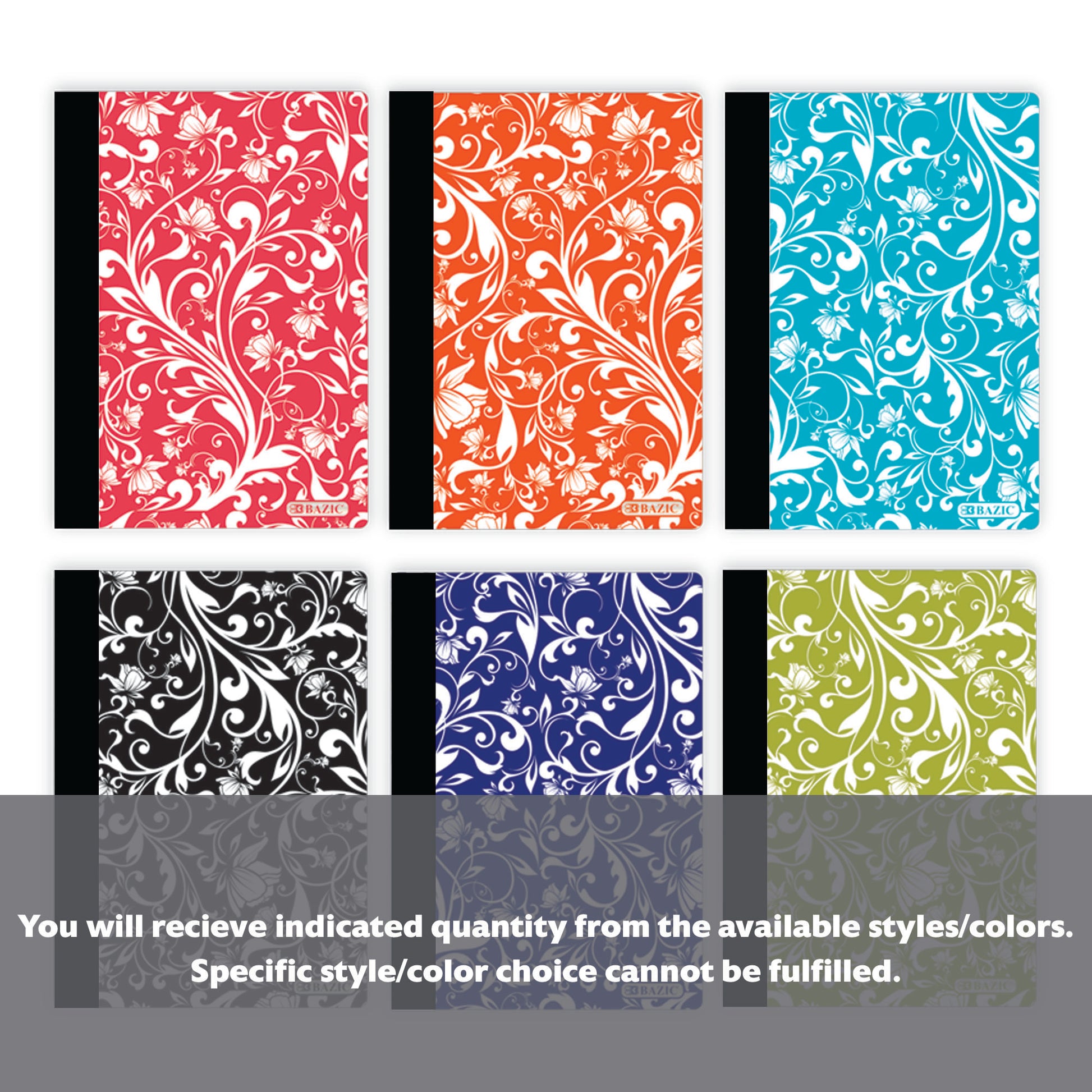 Set of 80 floral cover BYOB personal composition books with 5" x 7" pages from Bazicstore, featuring colorful floral designs.
