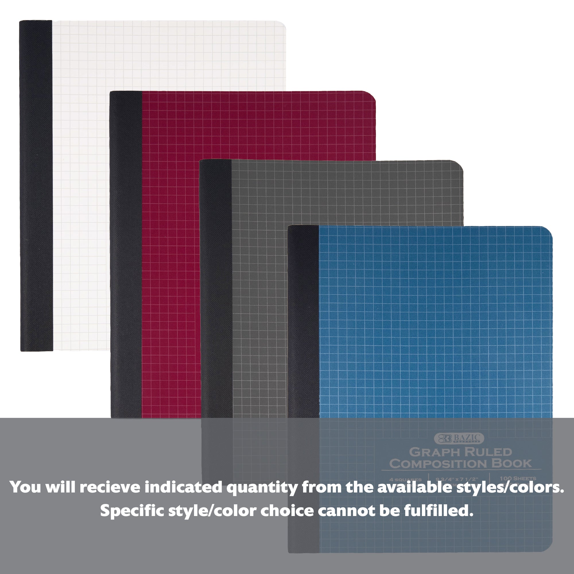 Set of four BYOB 1-inch quad-ruled composition books by BZBox, 100 pages each, ideal for school or note-taking.