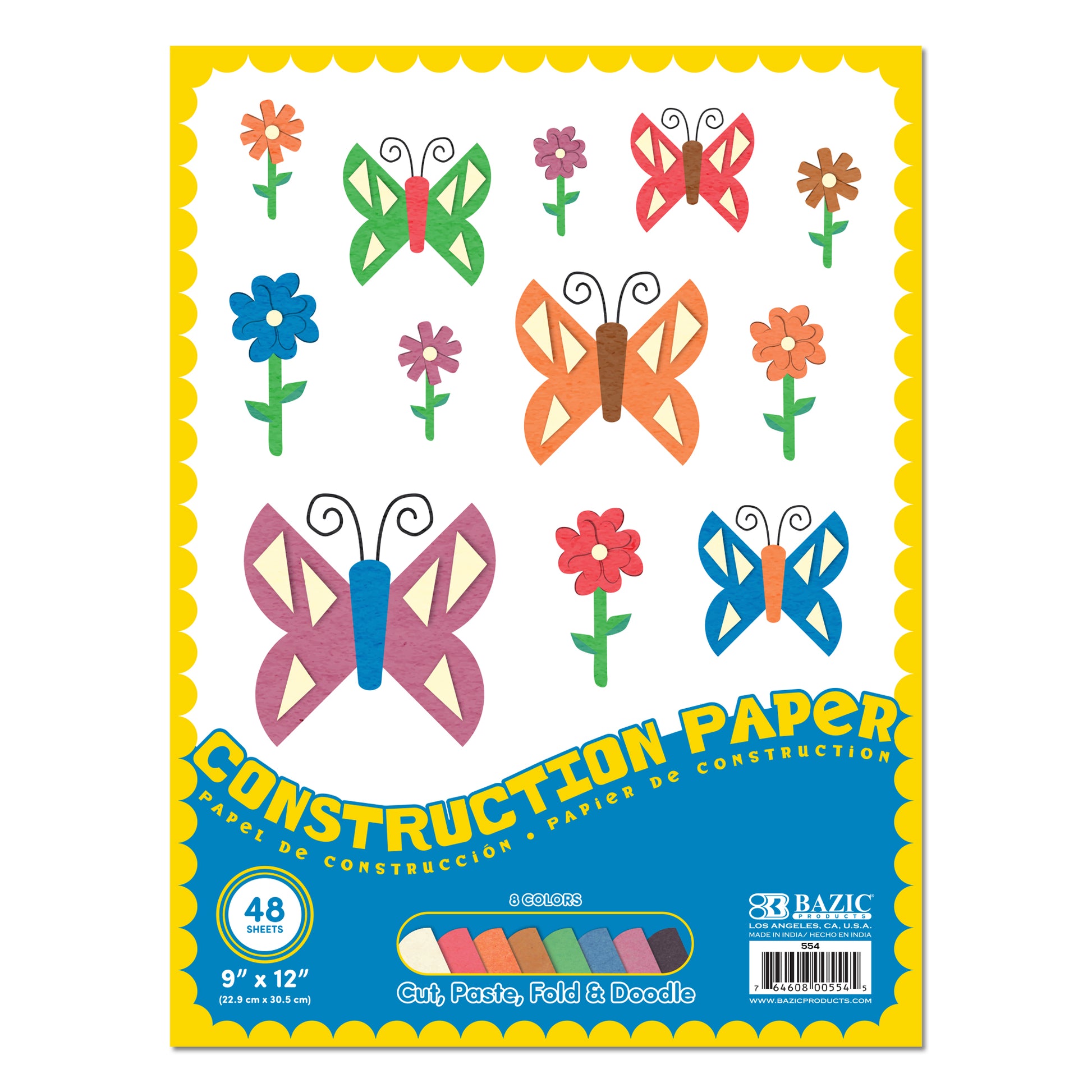 Assorted 48 count BAZIC BYOB construction paper in 9x12 inch size, colorful sheets suitable for arts and crafts projects.