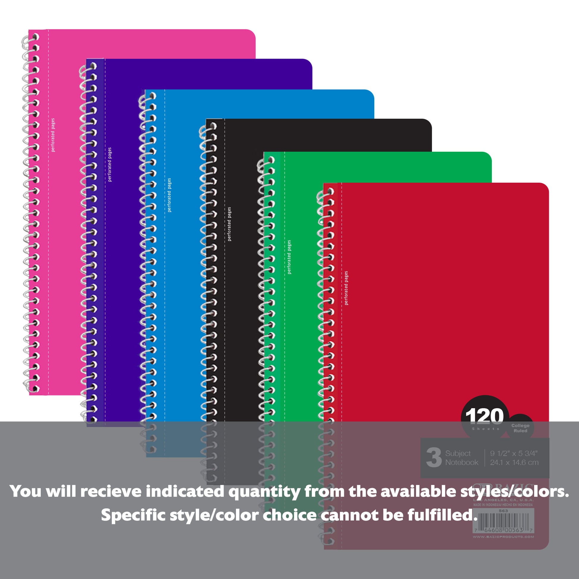 C/R 120 Ct. 9.5" X 5.75" 3-Subject Spiral Notebook