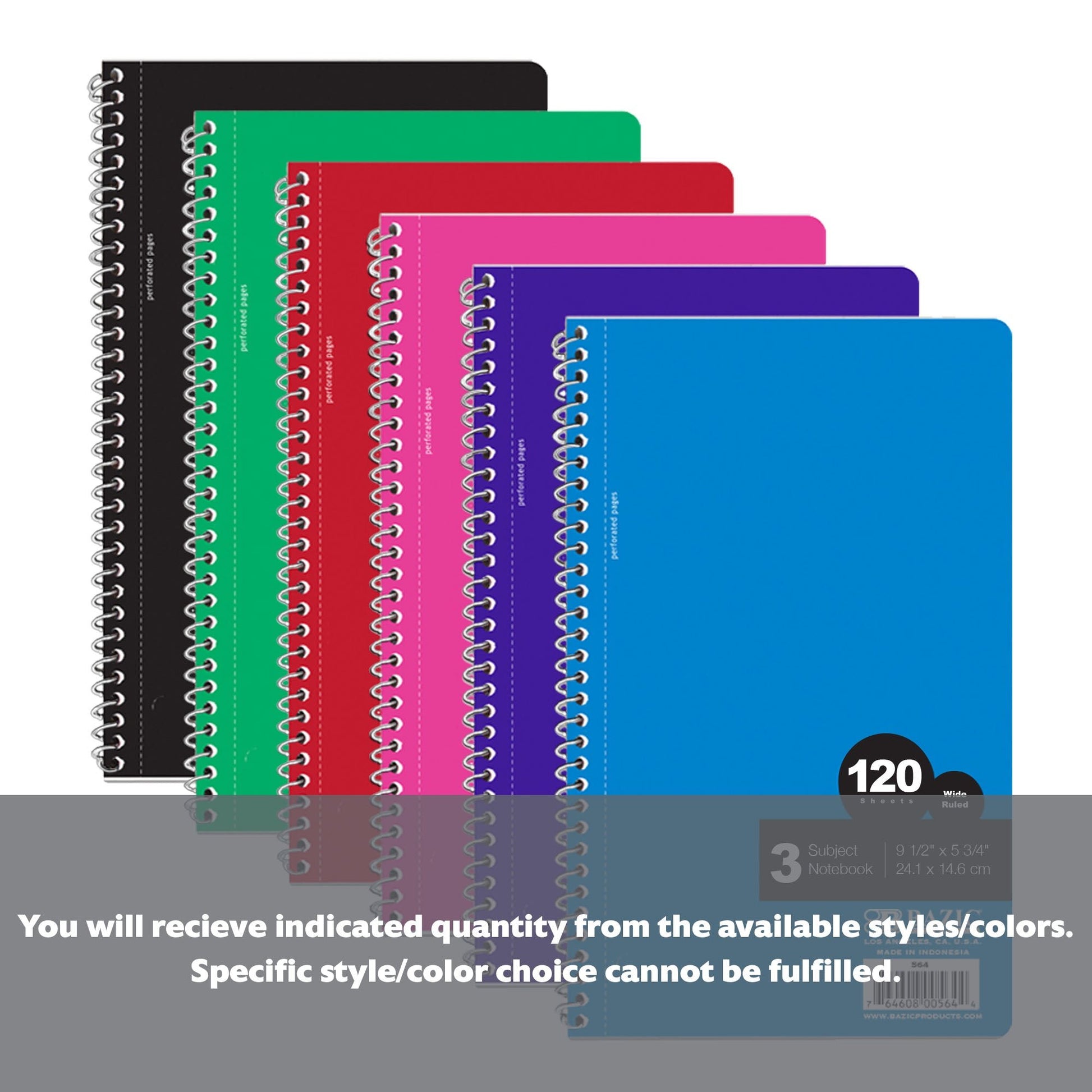 W/R 120 Ct. 9.5" X 5.75" 3-Subject Spiral Notebook
