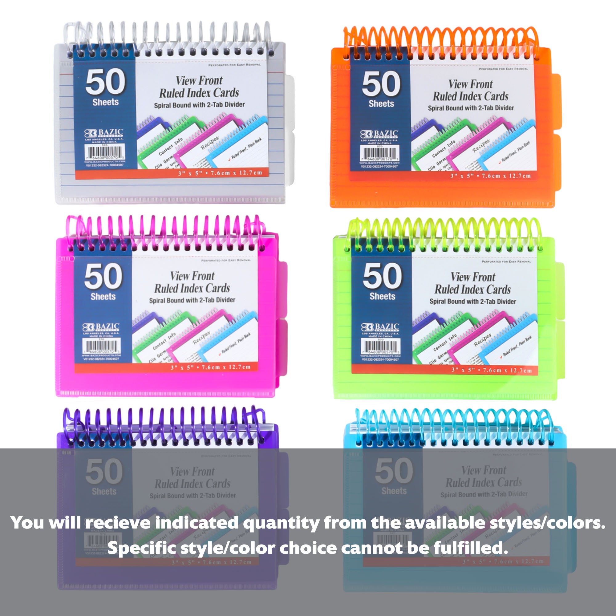 50 Ct. View Poly Spiral Bound 3" x 5" Ruled White Index Card w/ 2-Tab Divider