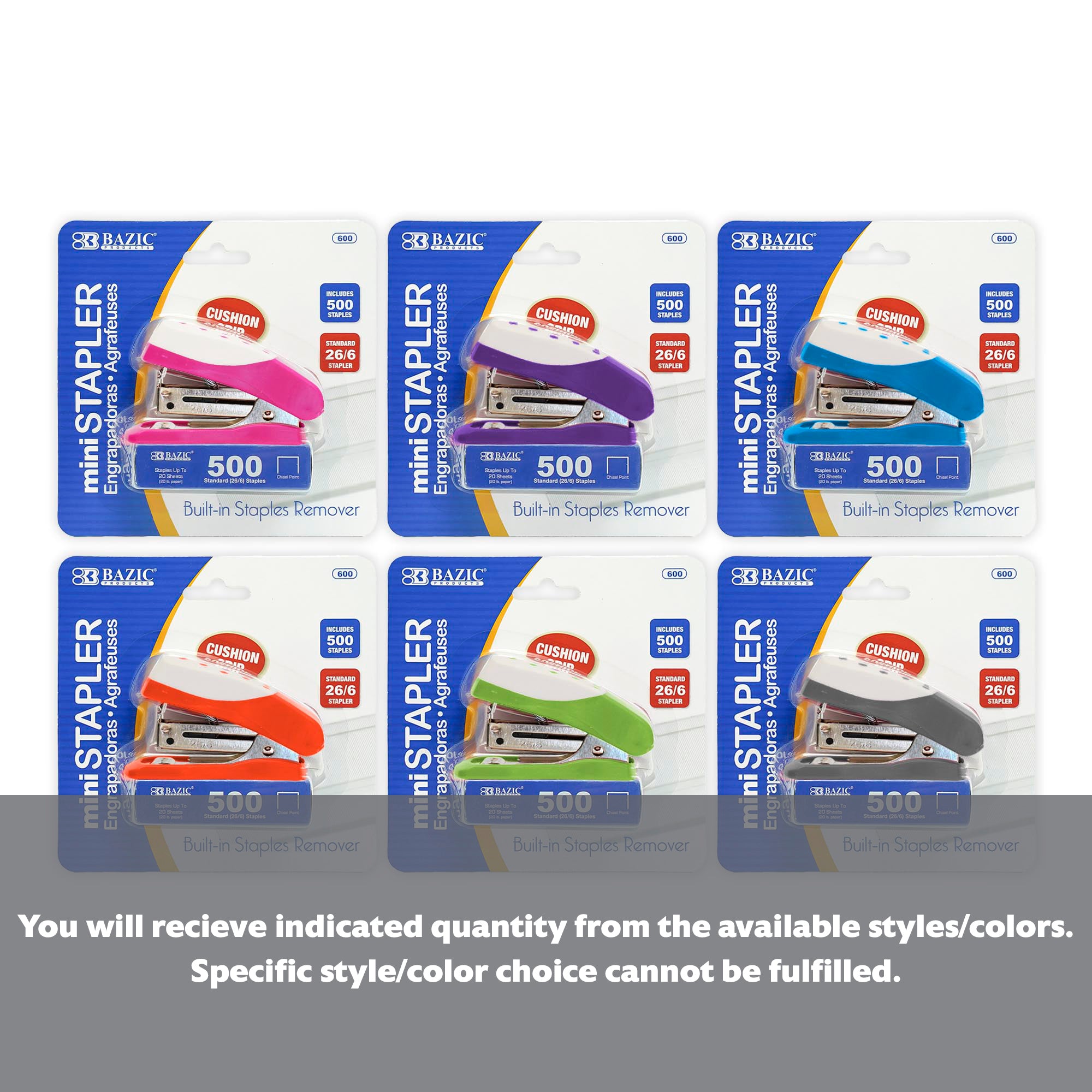 BAZIC Mini Cushion Grip Standard (26/6) Stapler with 500 staples, featuring a compact design and ergonomic cushion grip.