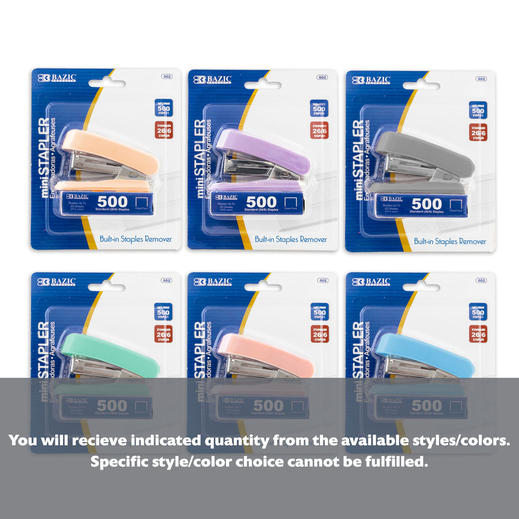 Mini Pastel Color Standard (26/6) Stapler w/ 500 Ct. Staples