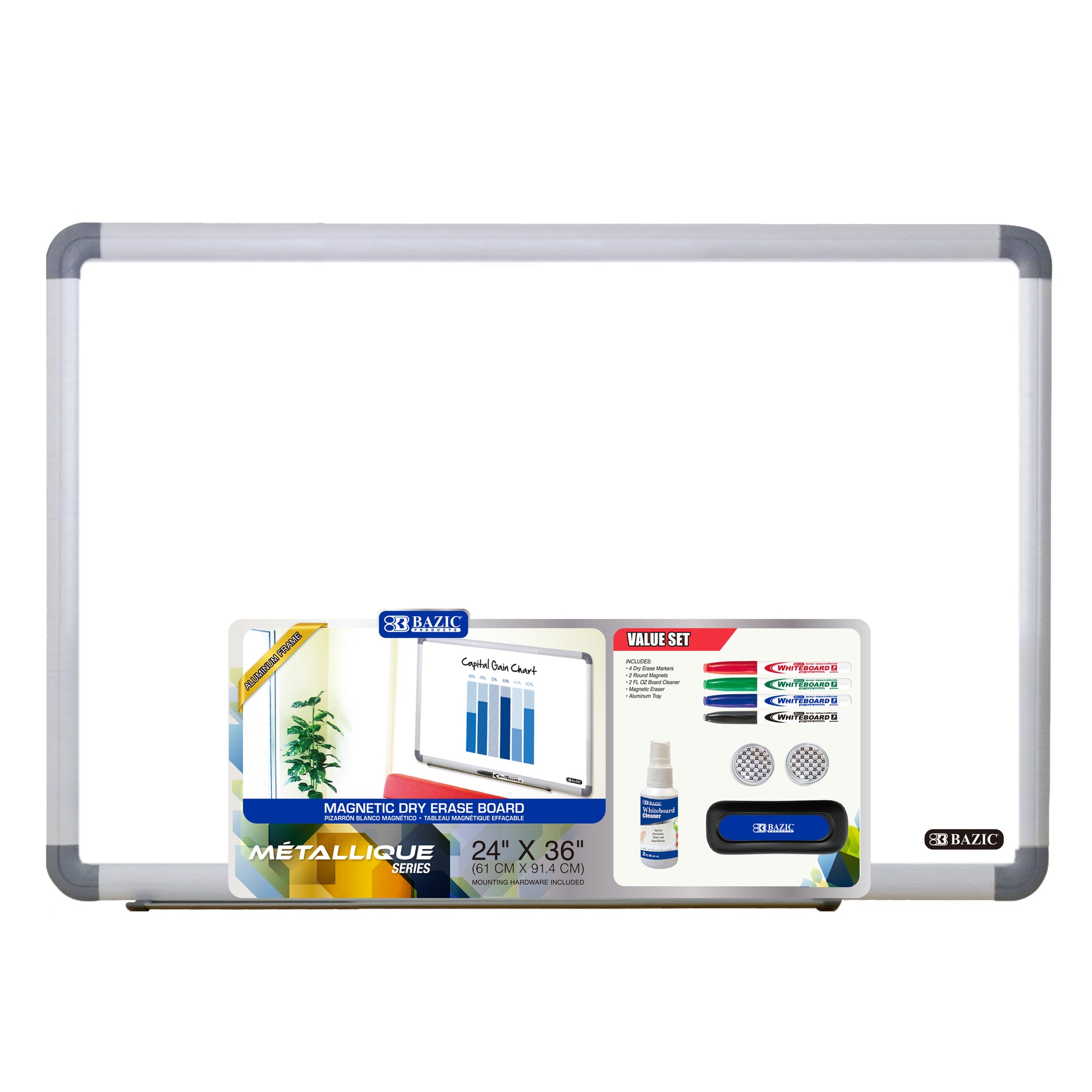 24" x 36" METALLIQUE Aluminum Frame Magnetic Dry Erase Board Value Pack - BZBox