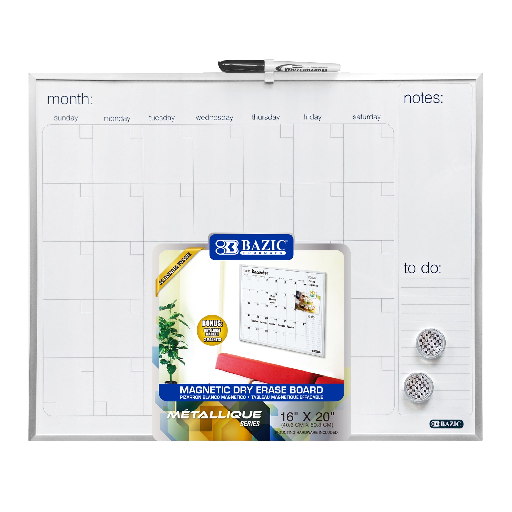 16" X 20" METALLIQUE Aluminum Frame Magnetic Dry Erase Calendar - BZBox