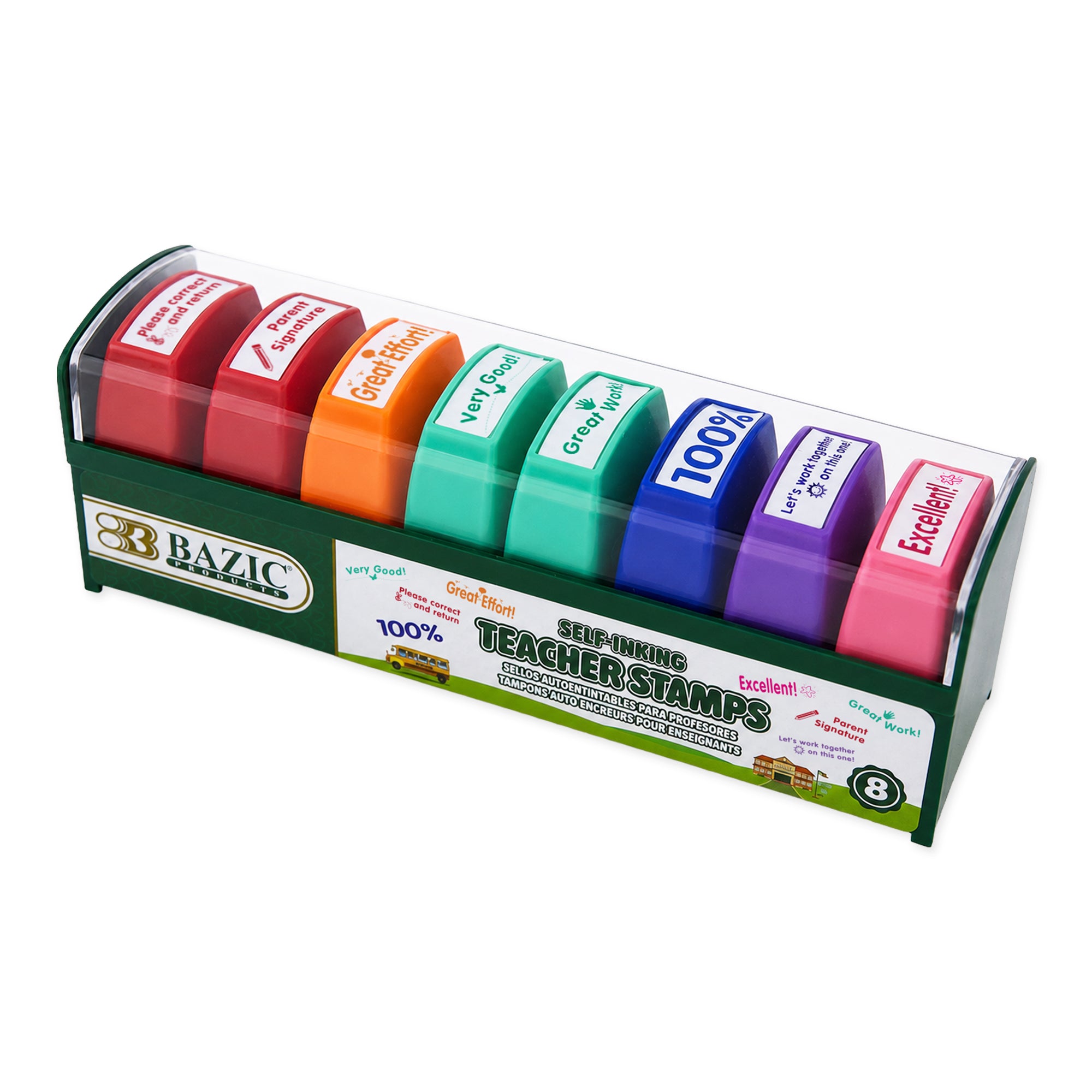 Set of eight Bazicstore BYOB teacher stamps with colorful ink pads, featuring fun designs for classroom use.