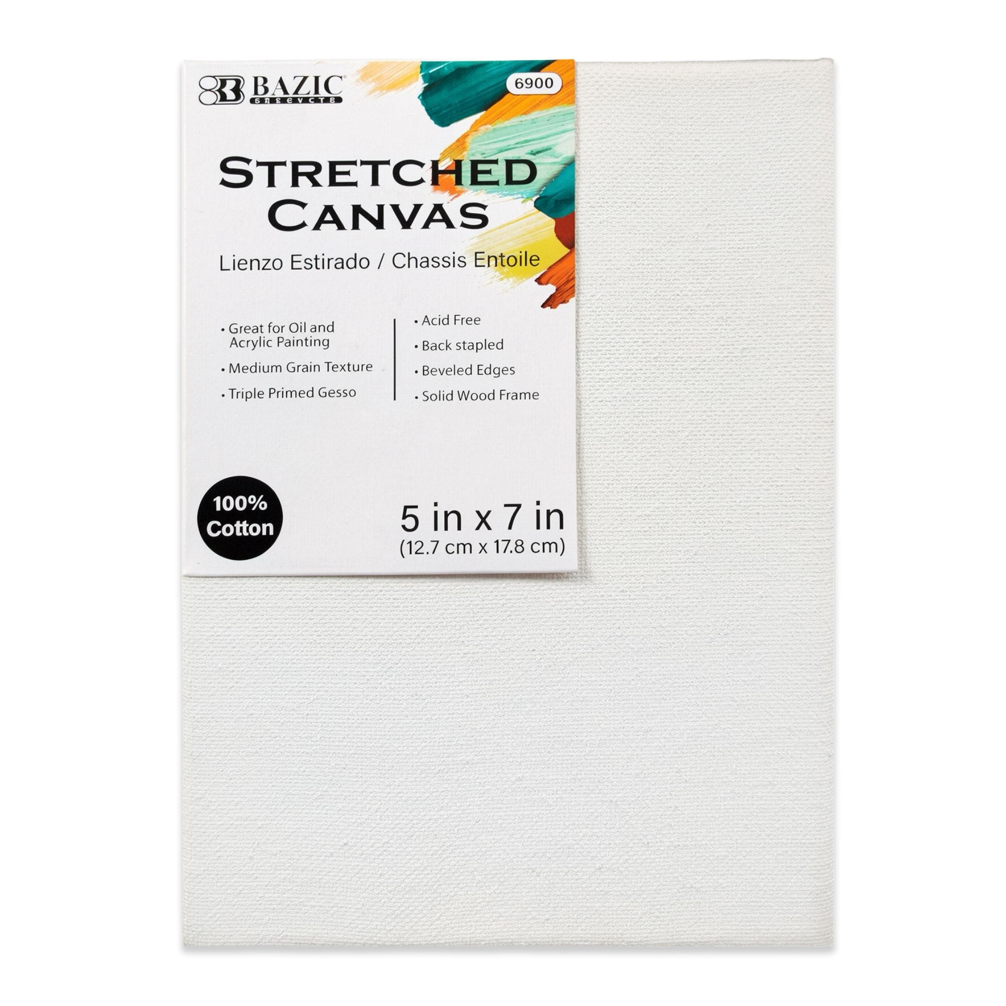 BYOB stretched canvas 5x7 inch by Bazicstore, ready for painting or art projects, showing the textured surface and clean edges.