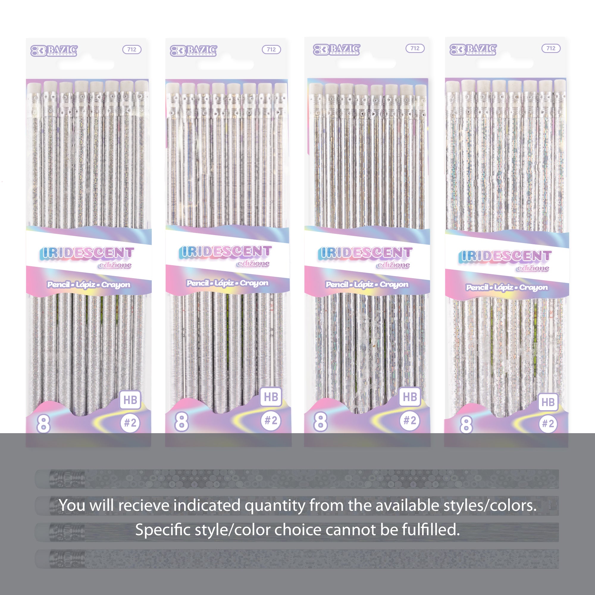 Set of 8 iridescent holographic BYOB pencils with erasers by Bazicstore, featuring vibrant, reflective color finishes.