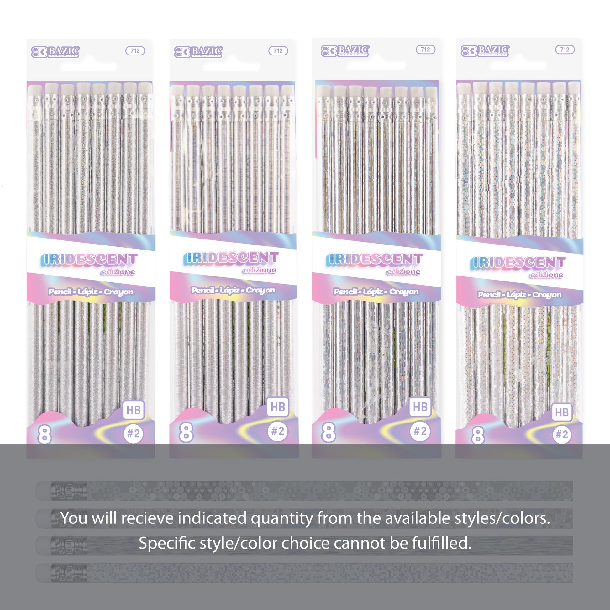Set of 8 iridescent holographic BYOB pencils with erasers by Bazicstore, featuring vibrant, reflective color finishes.