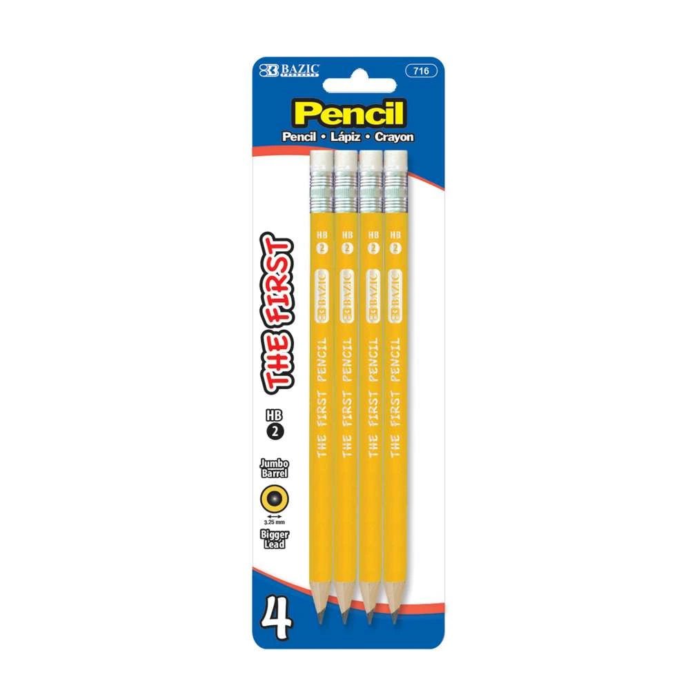 Set of four BAZIC #2 The First Jumbo Premium Yellow Pencils for children, featuring bold yellow color and sturdy design.