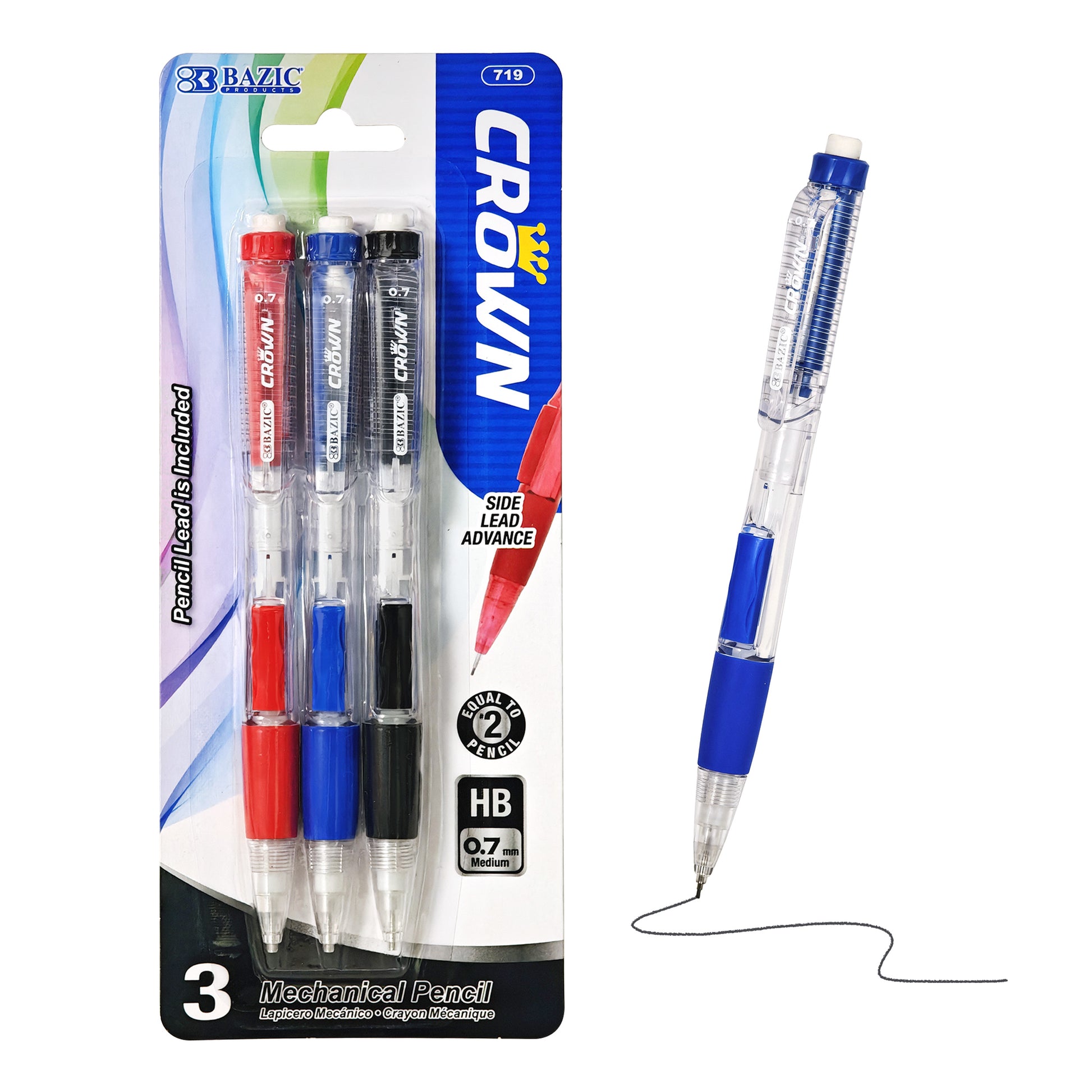 BAZIC Crown 0.7 mm mechanical pencils in a 3-pack, BYOB style, with sleek black and silver design and retractable tips.