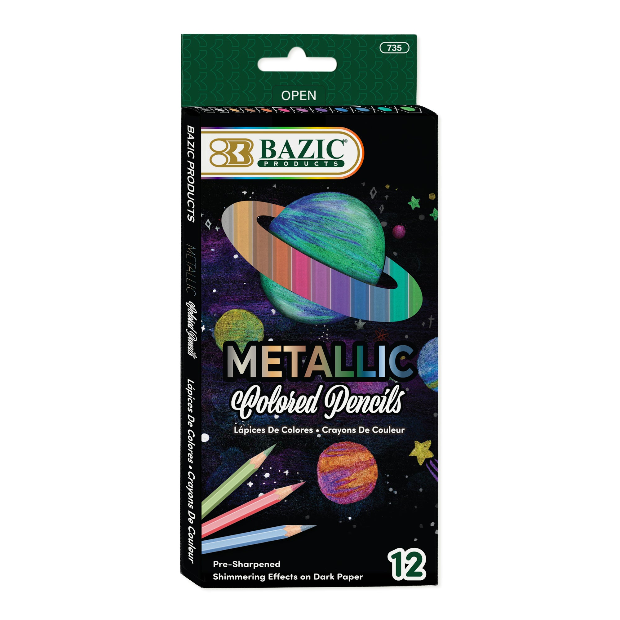 Set of 12 metallic colored pencils by BAZIC, showcasing vibrant, shiny hues in a BYOB style for artistic projects.