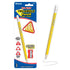 Three yellow jumbo triangle pencils by BAZIC with built-in sharpeners for classroom or art projects.