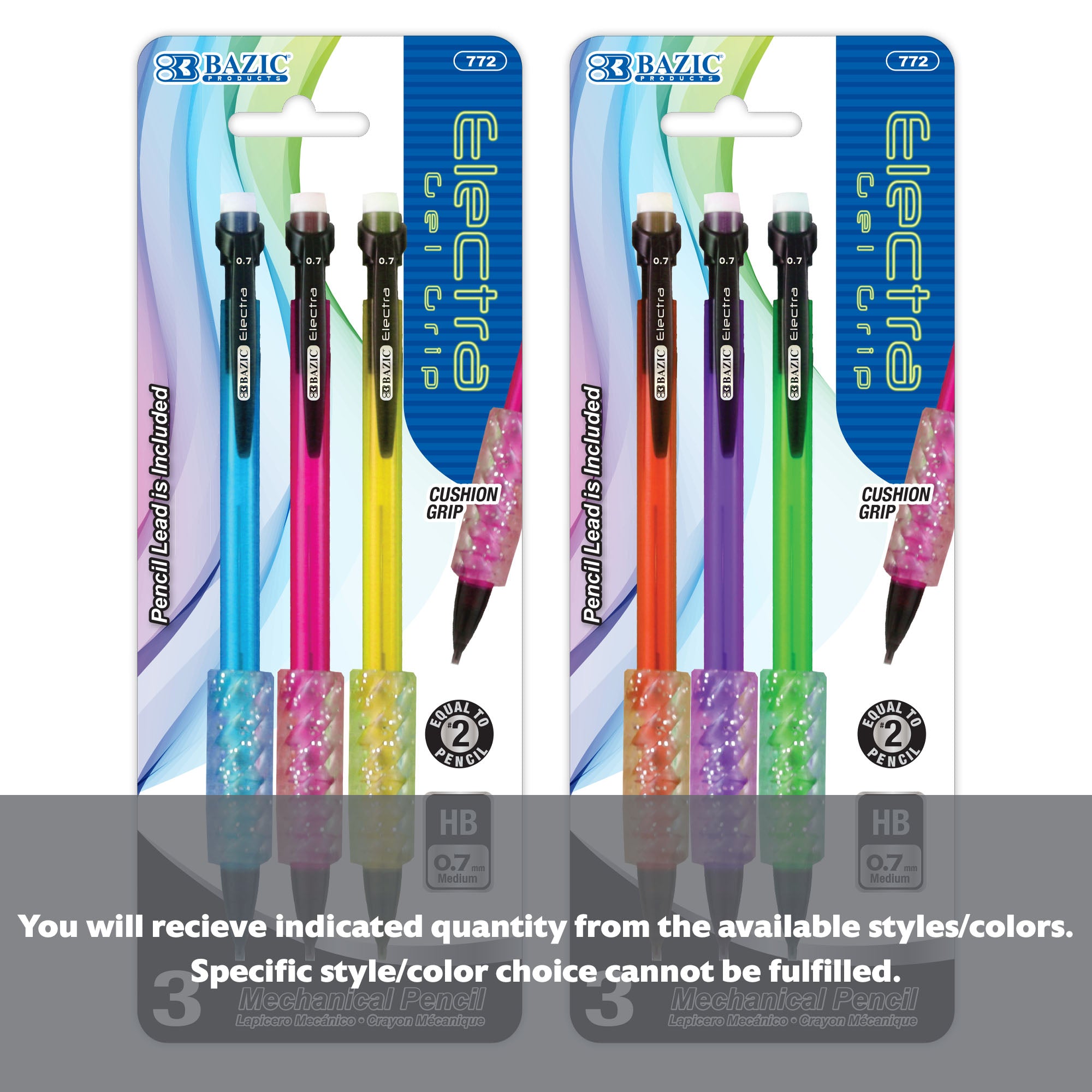 Set of three Bazicstore Electra 0.7 mm fashion color mechanical pencils with gel grips, perfect for writing and drawing.