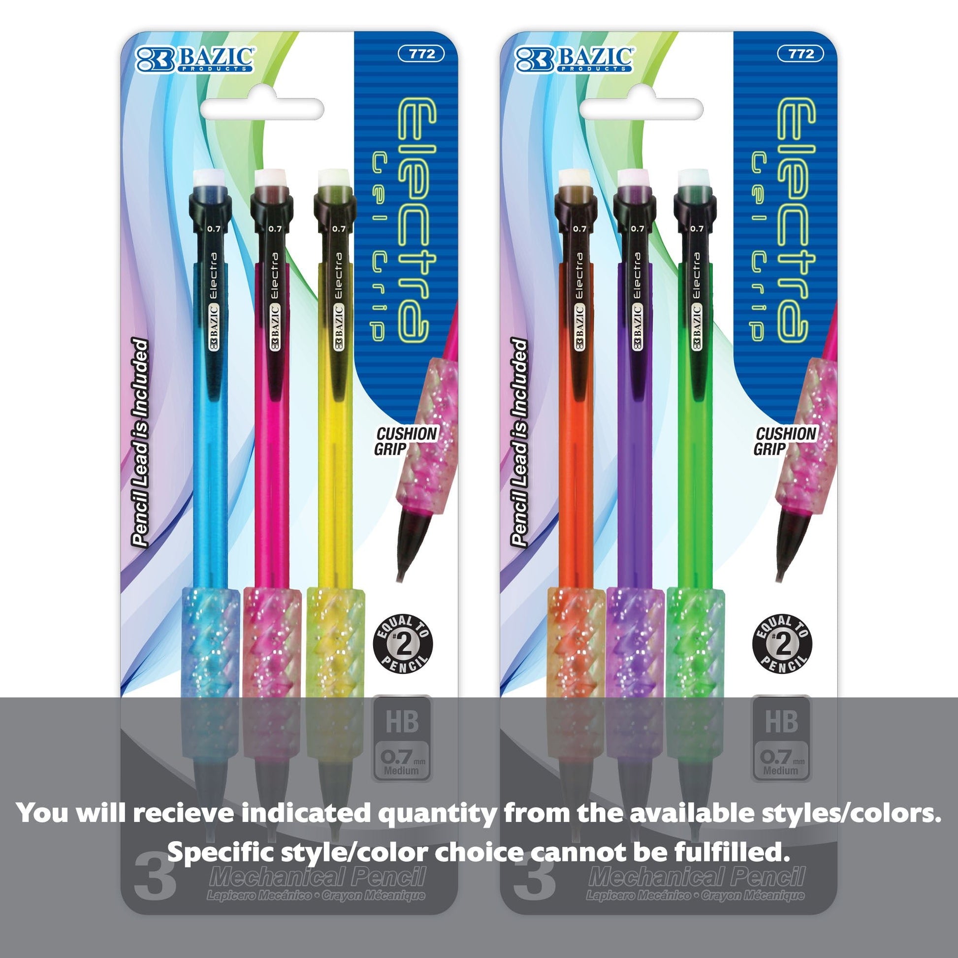 Set of three Bazicstore Electra 0.7 mm fashion color mechanical pencils with gel grips, perfect for writing and drawing.