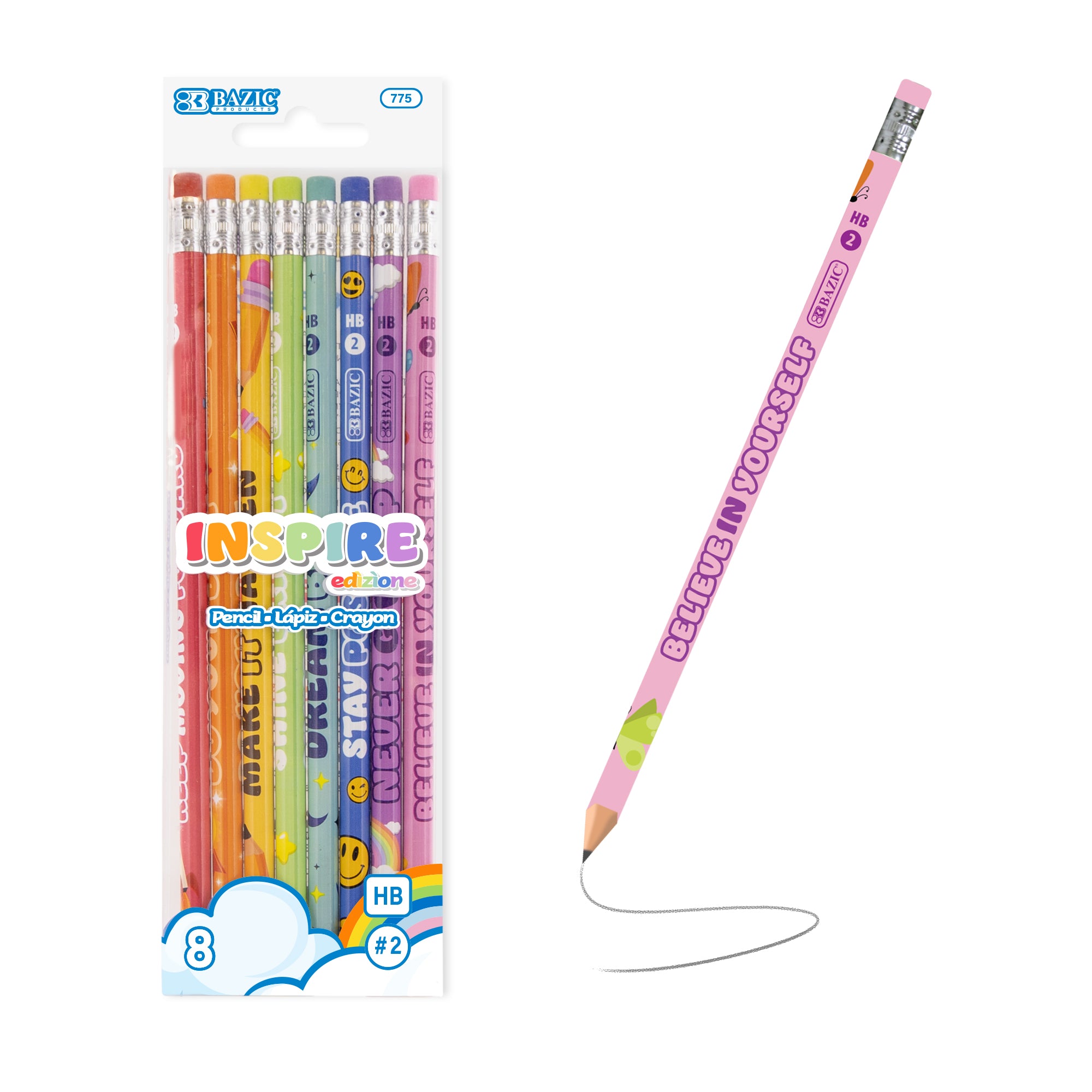Set of 8 BZBox Inspire Motivational pencils with erasers, featuring inspiring quotes and colorful designs.