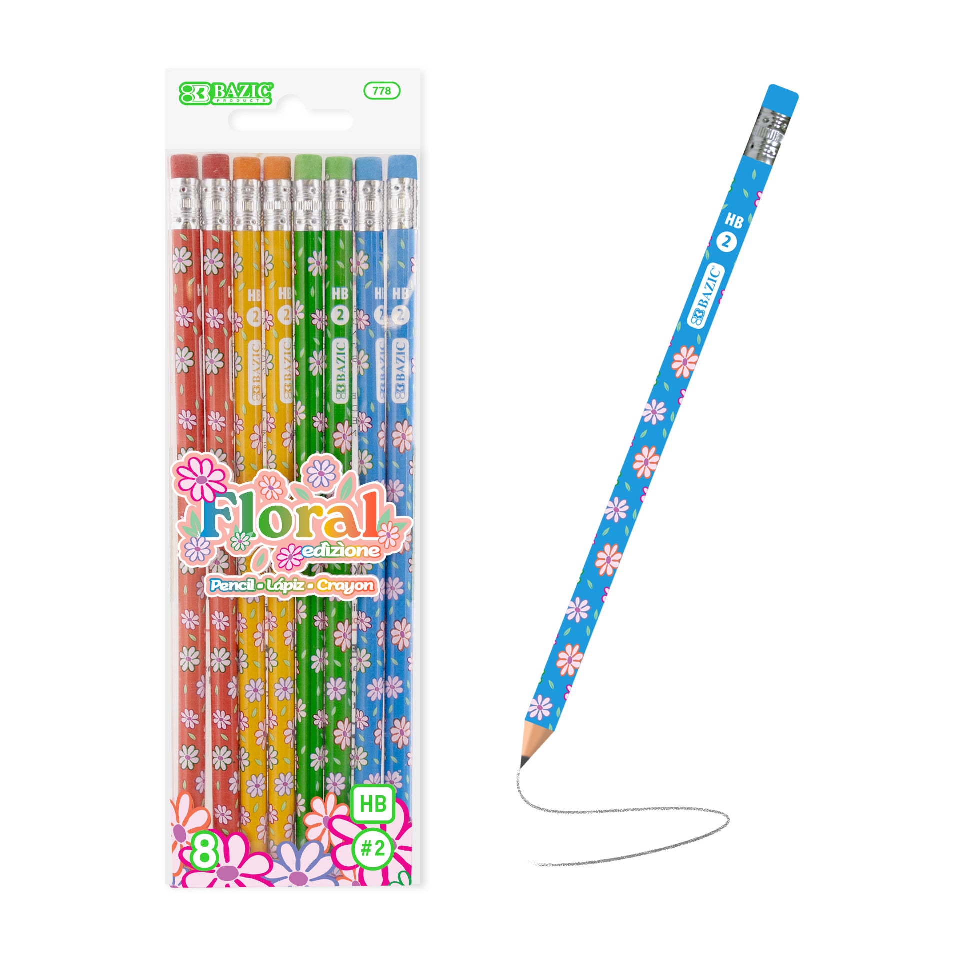 Set of eight BYOB floral pencils with erasers from BZBox, featuring colorful floral designs on the pencil bodies.