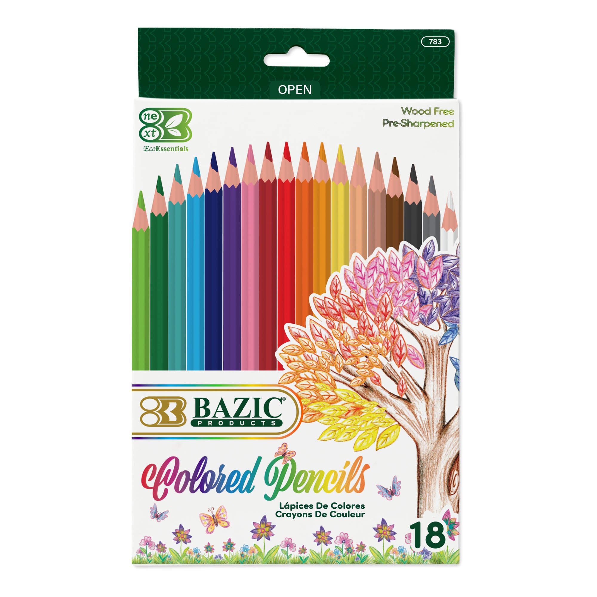 BAZIC Next 18 Colored Pencils set in a BYOB case, featuring vibrant pencil tips and colorful branding.