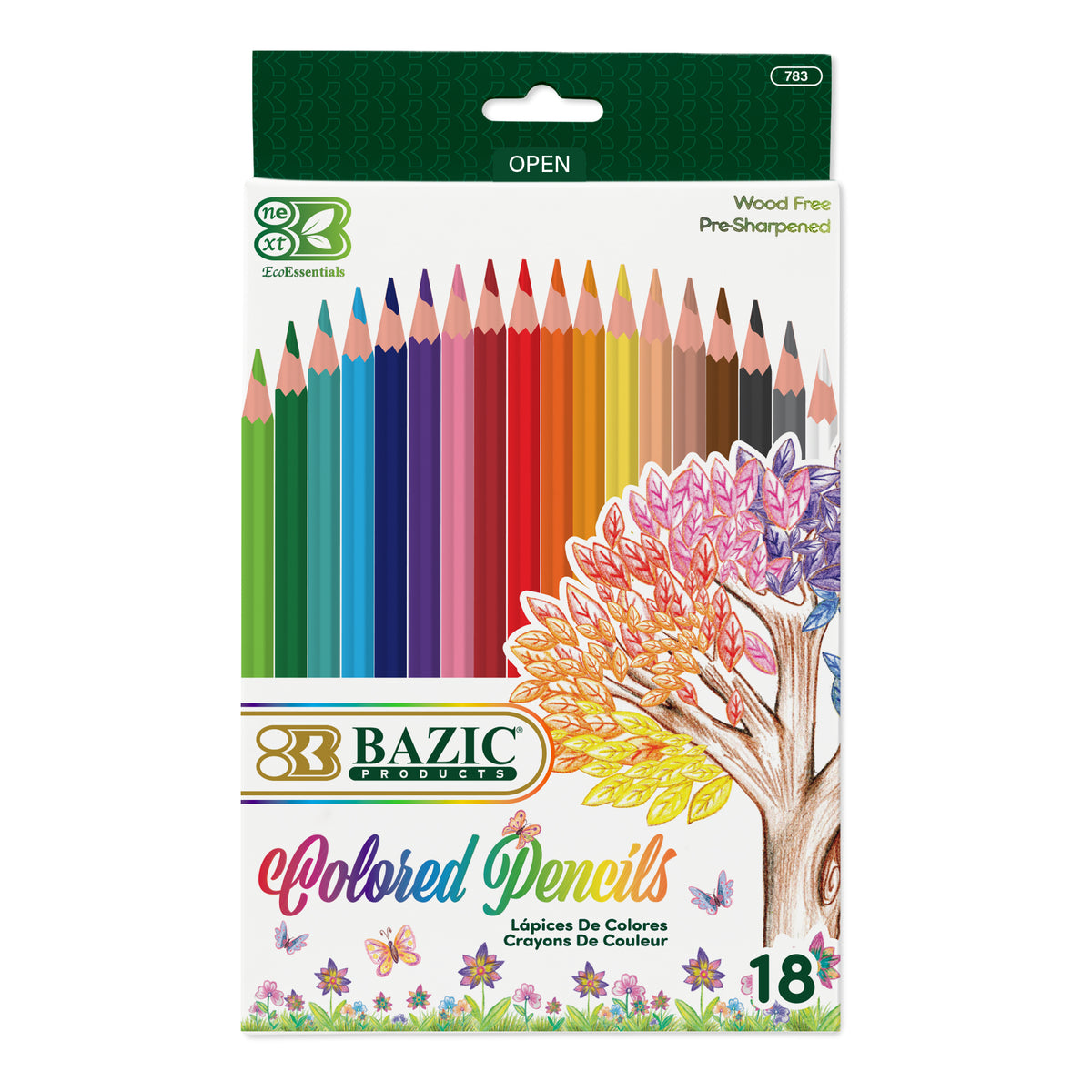 BAZIC Next 18 Colored Pencils set in a BYOB case, featuring vibrant pencil tips and colorful branding.