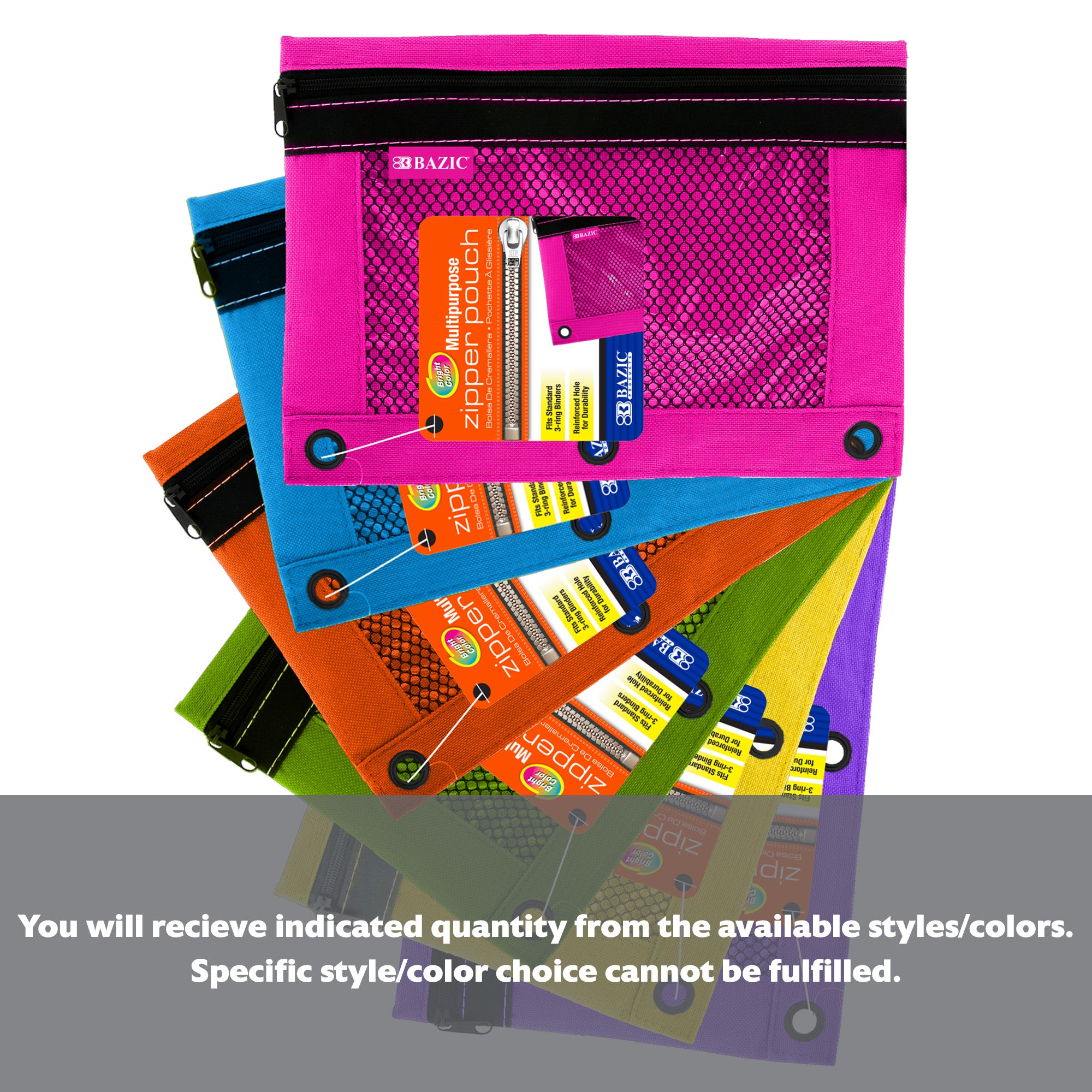 Bright Color 3-Ring Pencil Pouch w/ Mesh Window