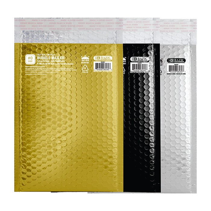 Metallic bubble mailer by Bazicstore, 6x9.25 inches, #0 size, lightweight protective packaging with metallic finish and bubble lining.