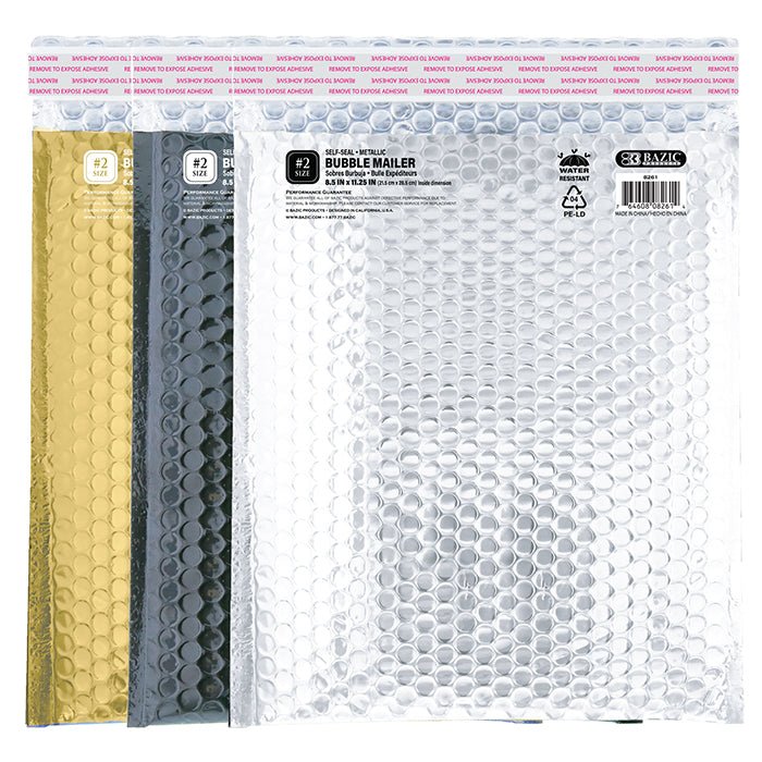 Metallic bubble mailer by Bazicstore, 8.5 x 11.25 inches, #2 size, with protective bubble interior and metallic exterior.