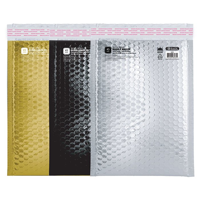 Metallic bubble mailers by Bazicstore, 10.5 x 15 inches, #5 size, lightweight packaging with bubble lining for protection.